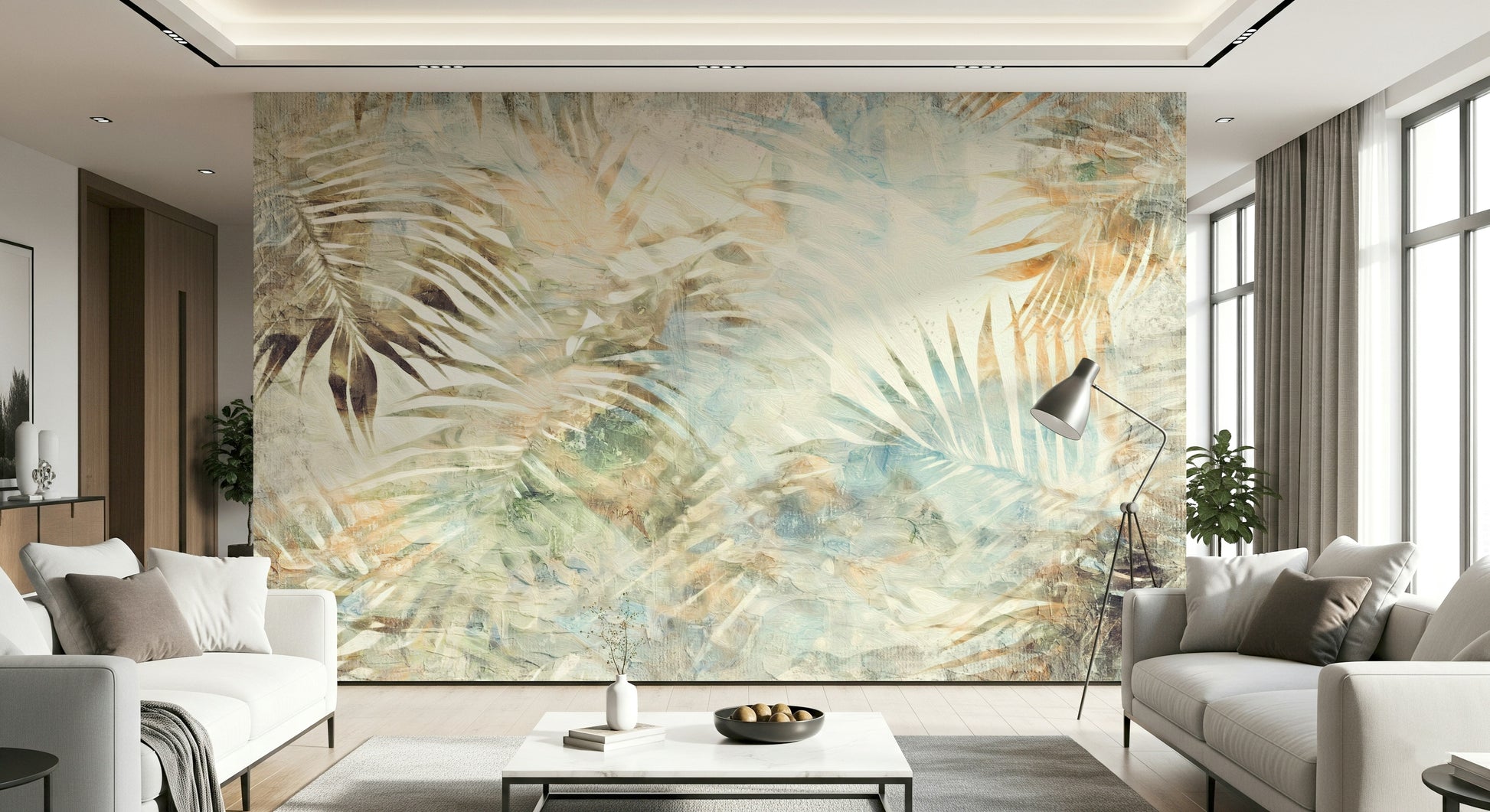A peaceful palm leaf mural on decorative wallpaper.