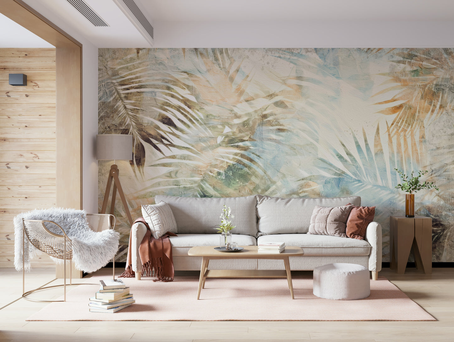 A calming foliage design wallpaper mural that defines a space.