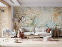 A calming foliage design wallpaper mural that defines a space.