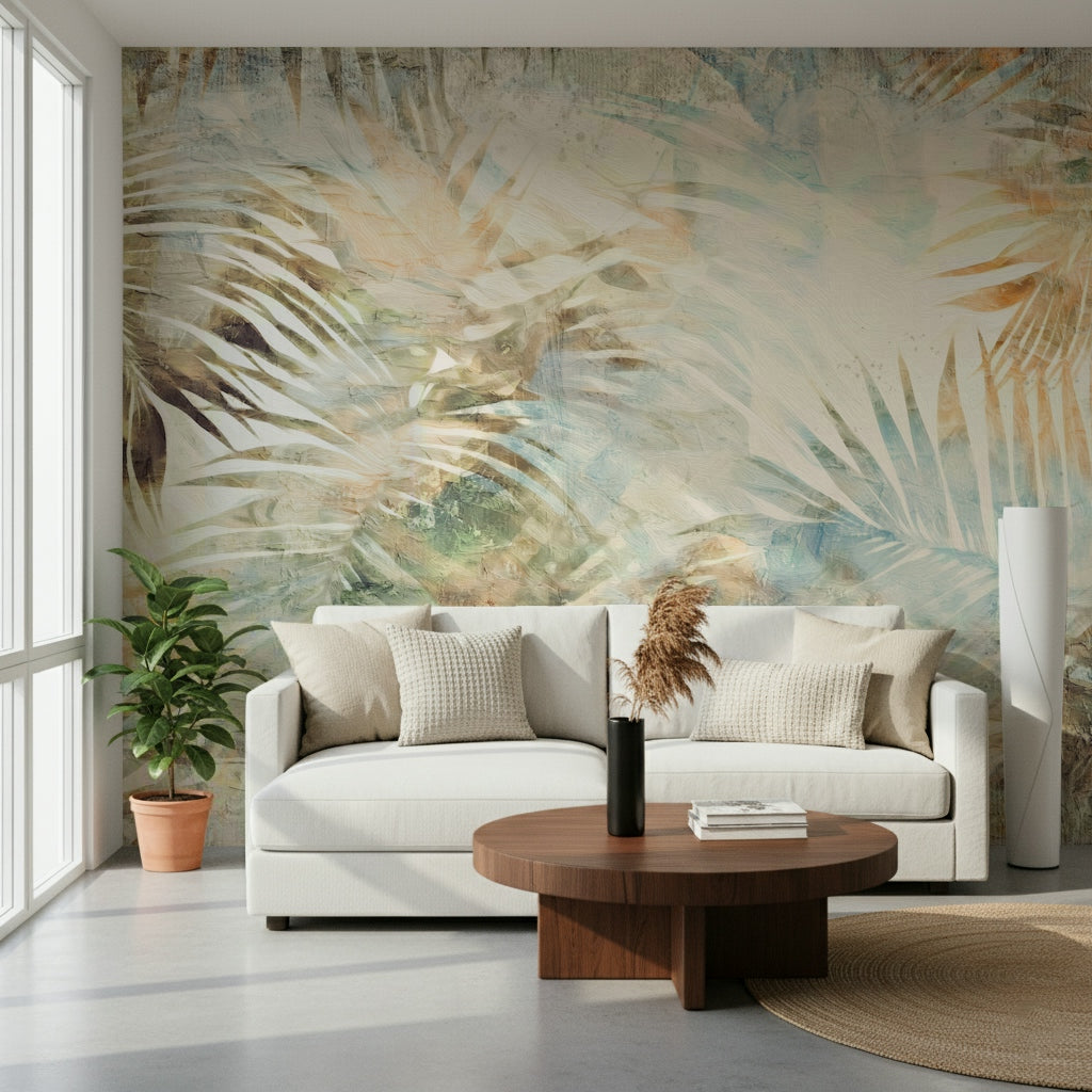 An artistic delicate leaf mural on luxury wallpaper.