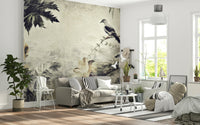 A peaceful modern abstract mural on decorative wallpaper.