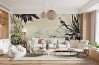 An artistic soft focus aviary mural on minimalist wallpaper.