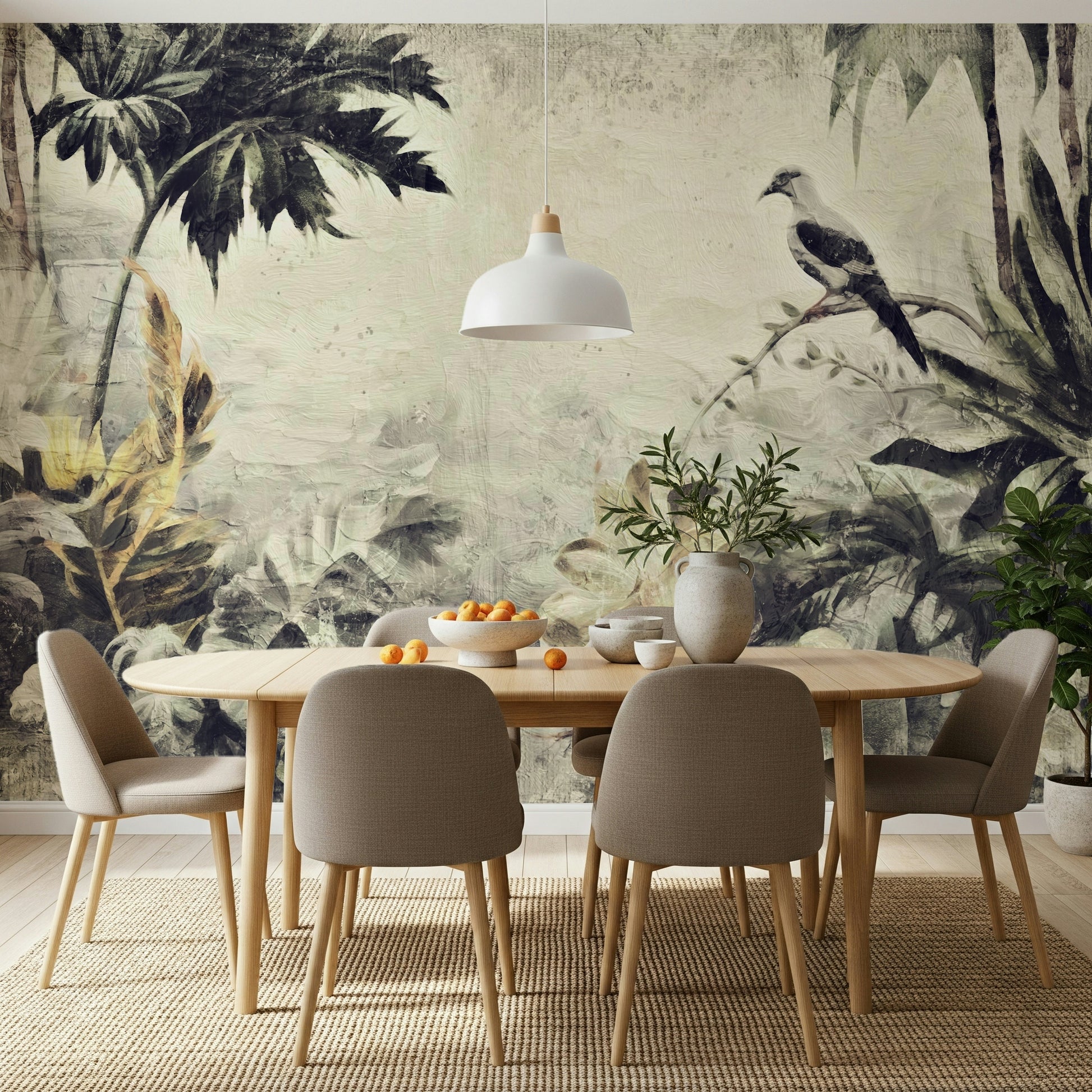 A calming abstract design wallpaper mural that defines a space.