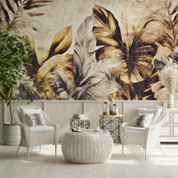 An artistic abstract foliage mural on luxury wallpaper.