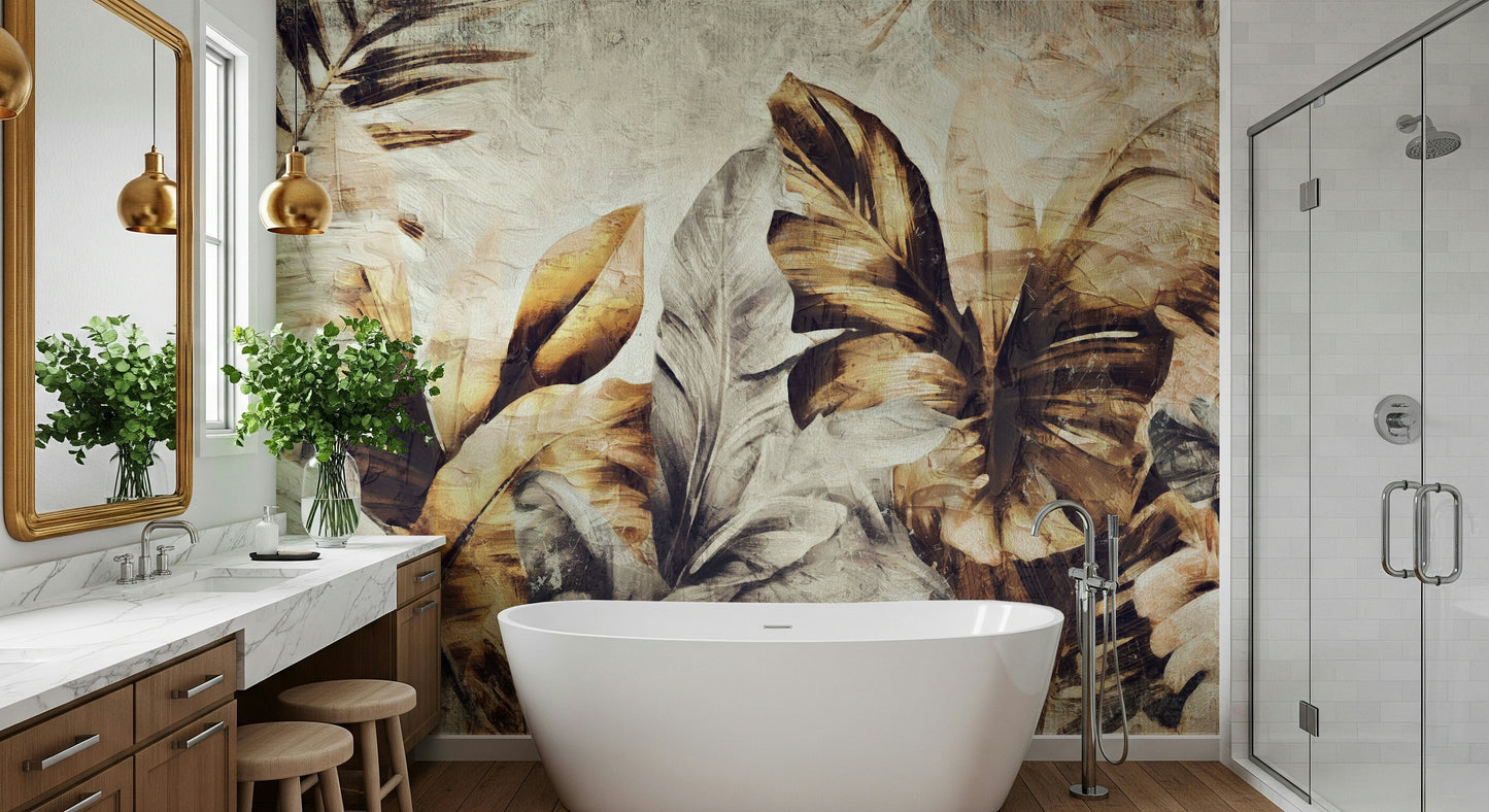 A contemplative gilded leaf wallpaper mural for a feature wall.