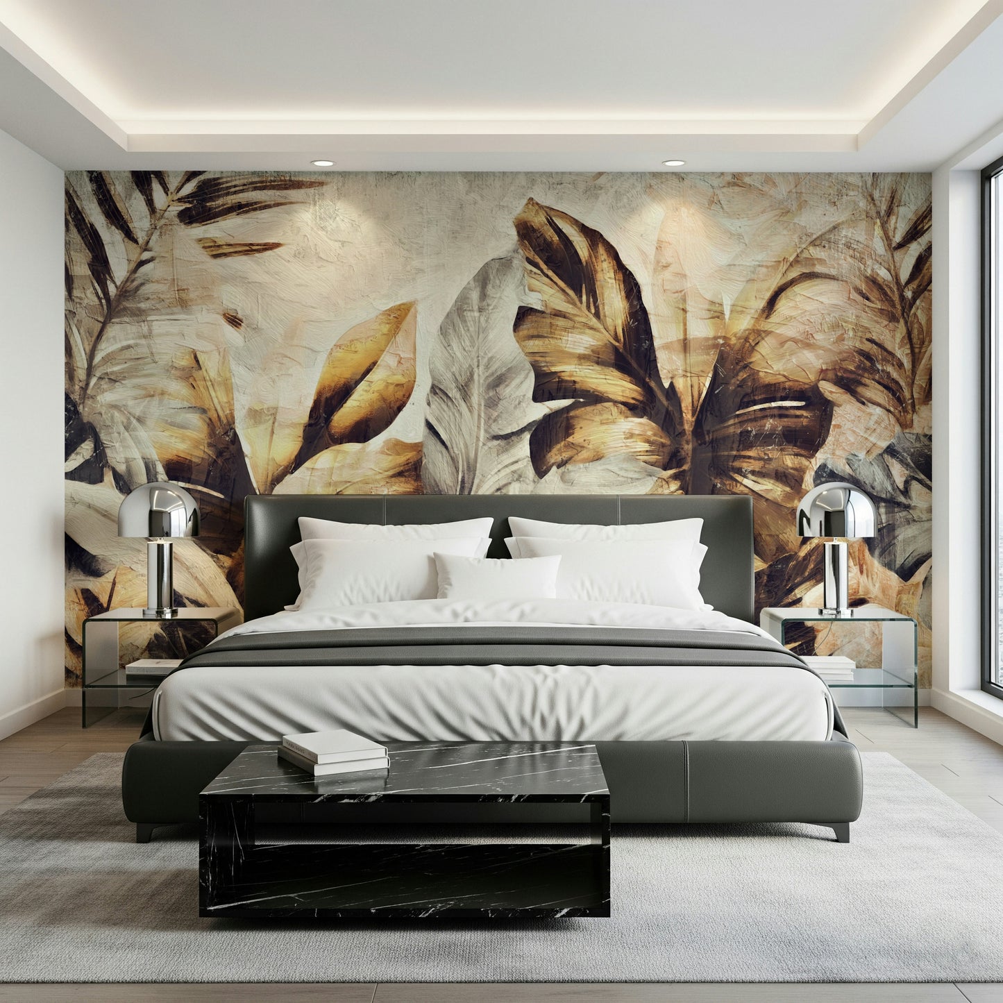 A beautiful golden palm tree wallpaper mural with abstract, metallic accents.