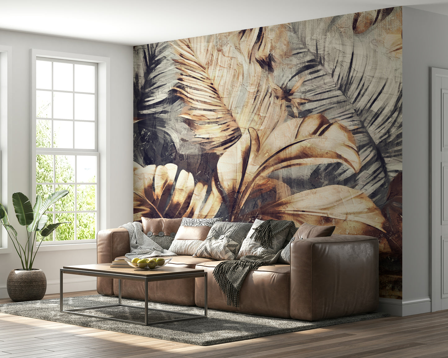 A peaceful palm design mural on decorative wallpaper.