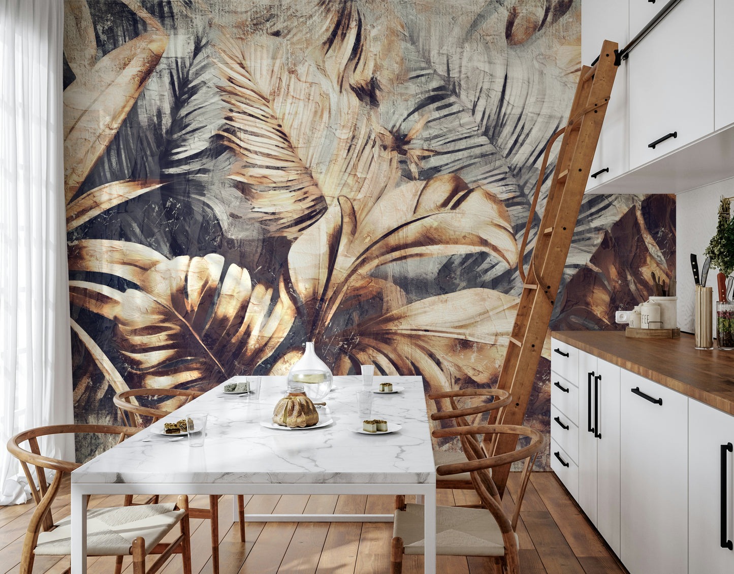 A serene tropical foliage wall mural for opulent decor.