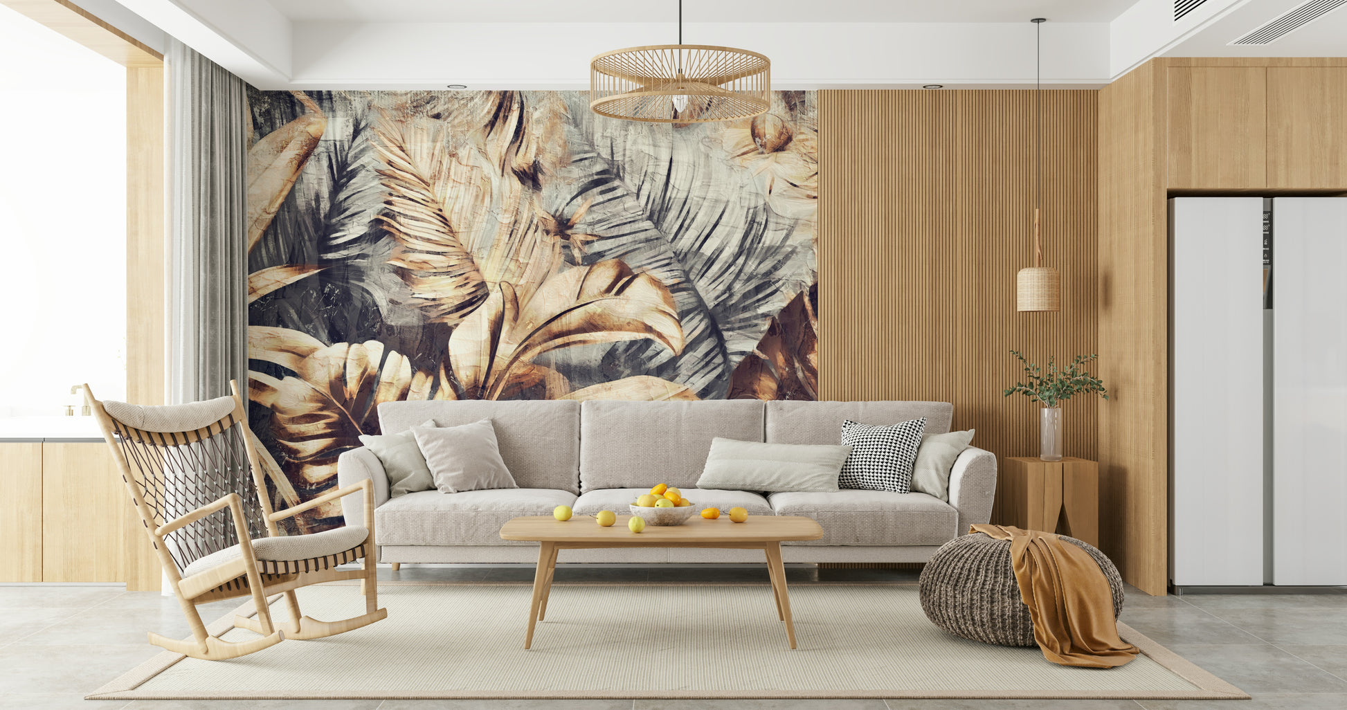 An artistic delicate palm mural on luxury wallpaper.