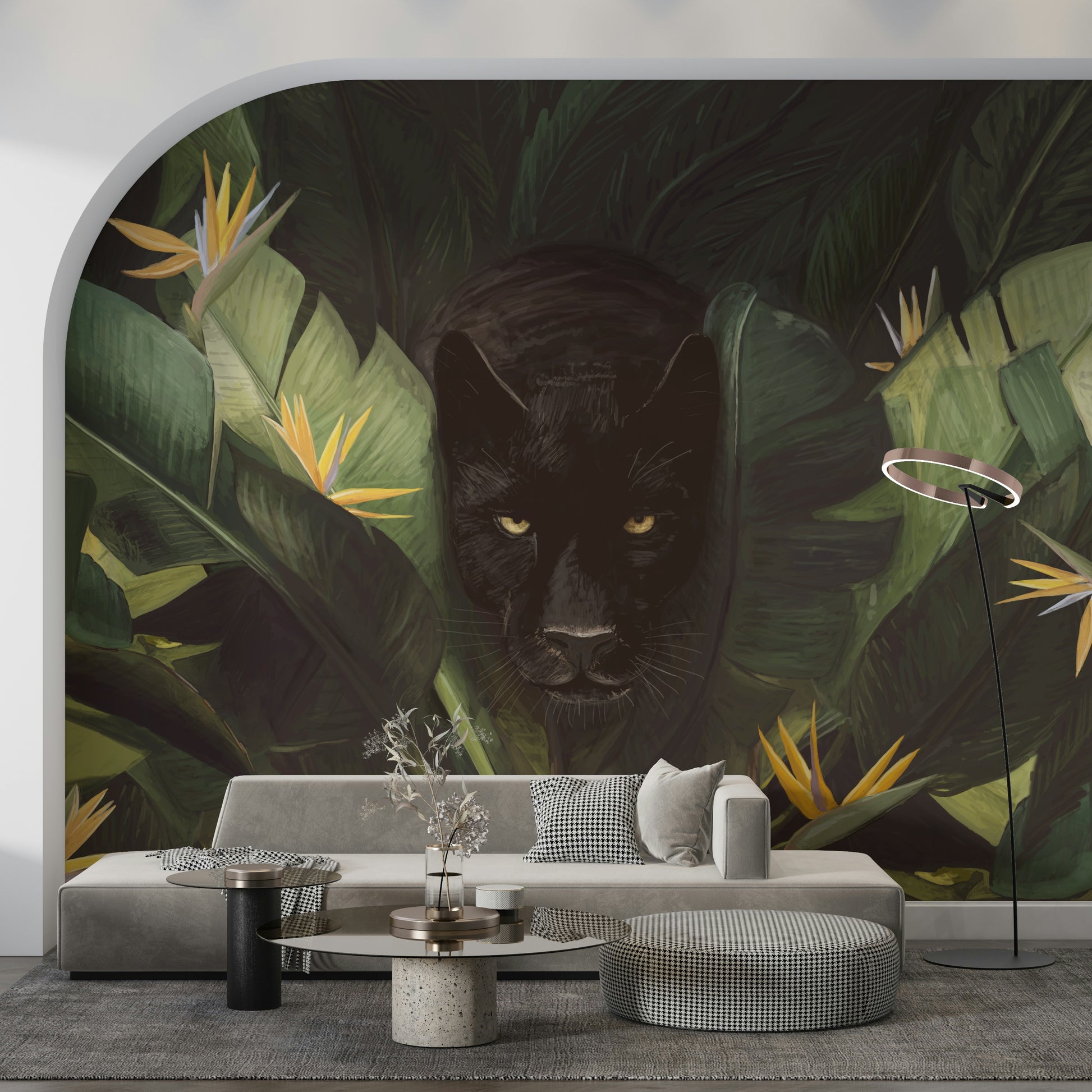 A beautiful dark jungle wallpaper mural with subtle, hidden animal eyes or forms.