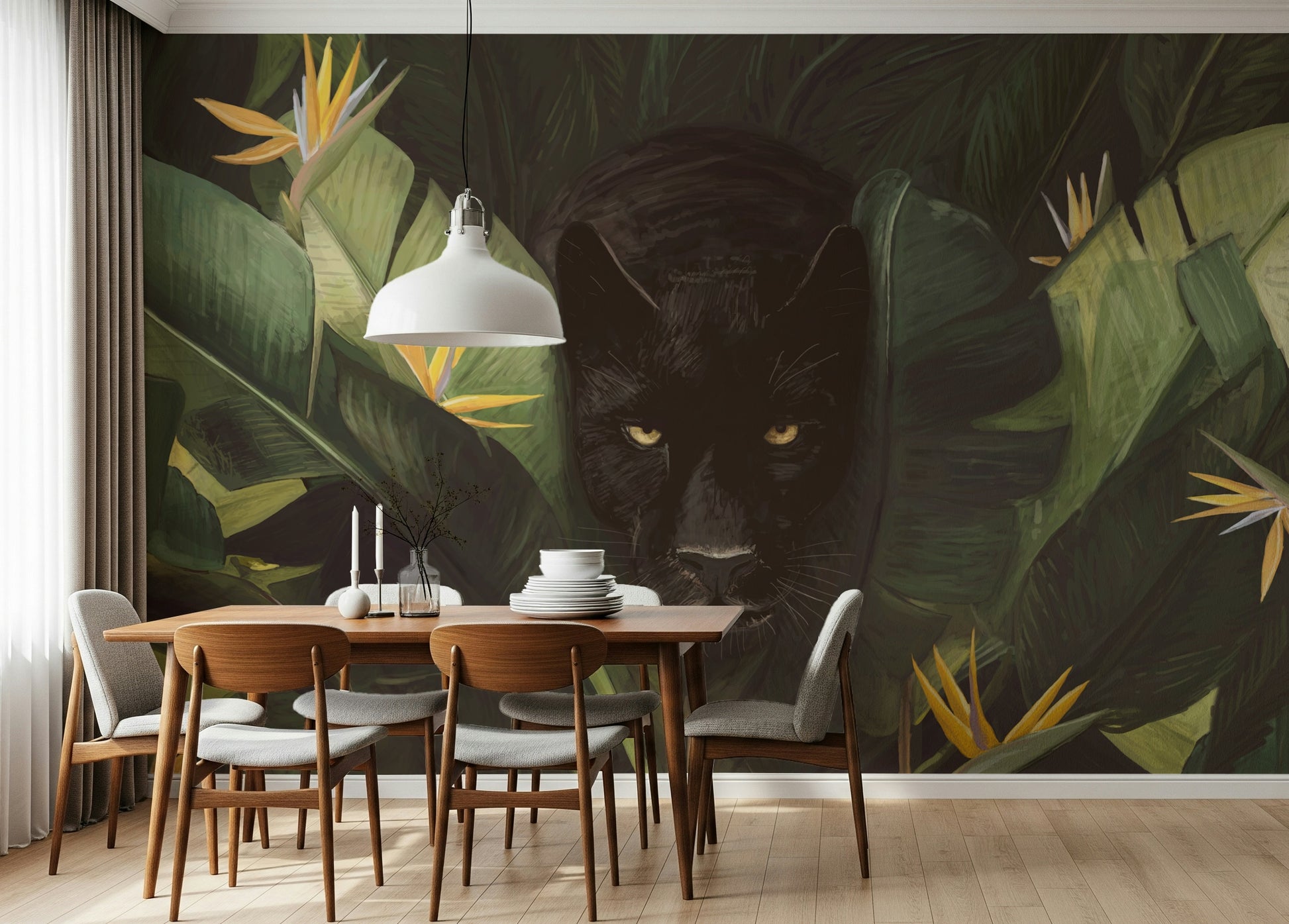 A serene moody forest wall mural for dramatic decor.