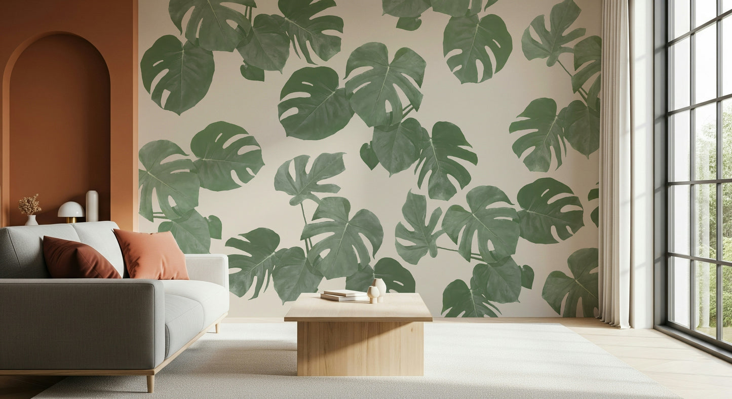 A calming foliage design wallpaper mural that defines a space.