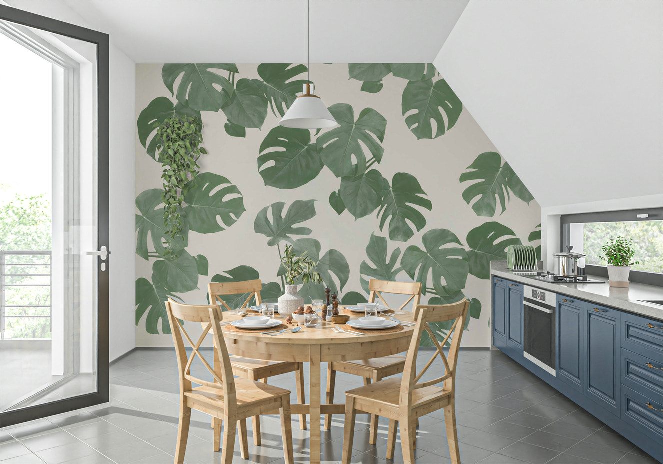 A beautiful large monstera leaf wallpaper mural with subtle light and shadows.