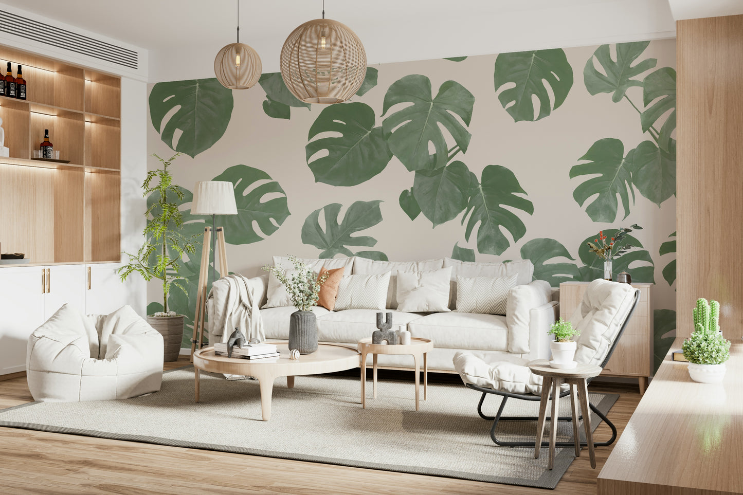A contemplative leaf design wallpaper mural for a feature wall.