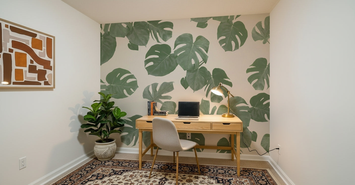 An artistic lush foliage mural on minimalist wallpaper.