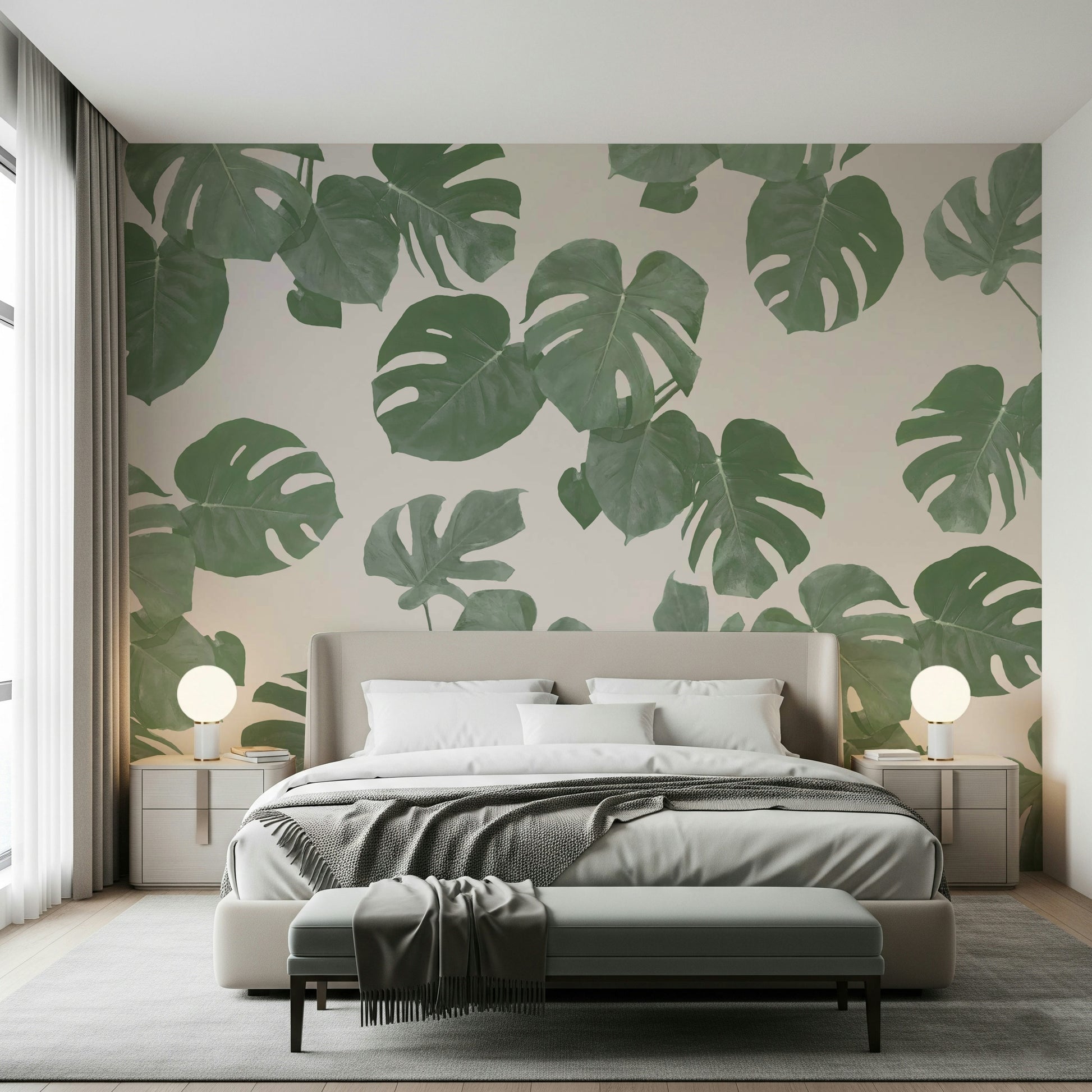 A graceful subtle leaf wall mural in cool, natural tones.