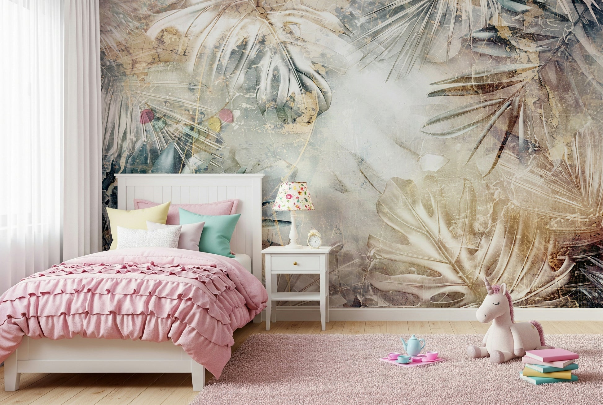 A beautiful subtle foliage wallpaper mural with an ethereal, soft-focus effect.