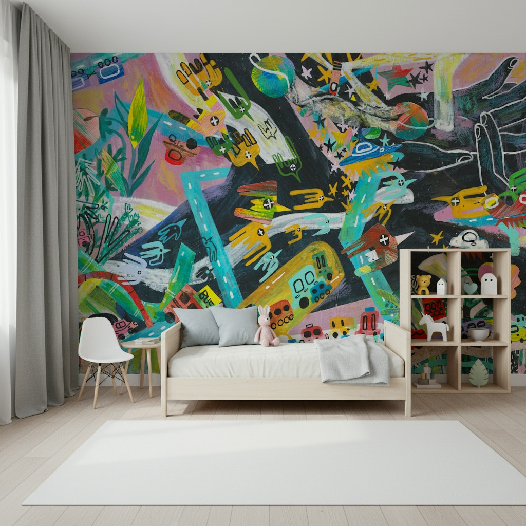 A beautiful abstract city skyline wallpaper mural with geometric shapes.
