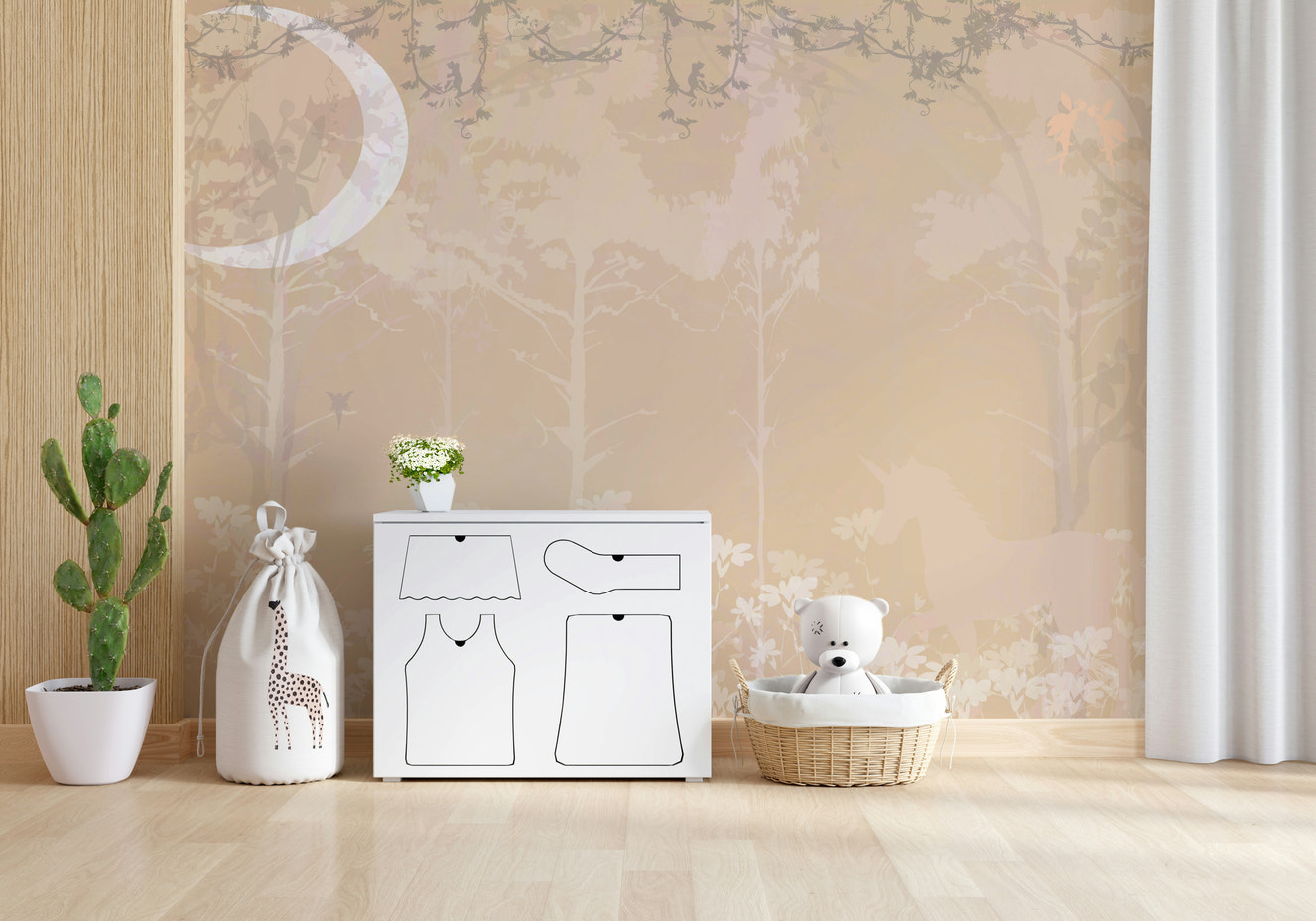 A beautiful moonlit unicorn wallpaper mural for a whimsical space.