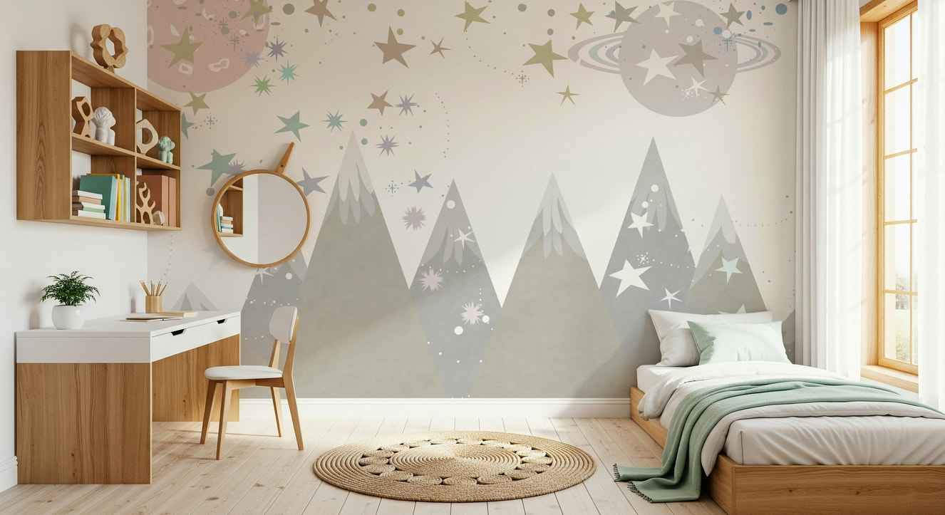 A beautiful abstract mountain wallpaper mural with cosmic, starry sky effects.