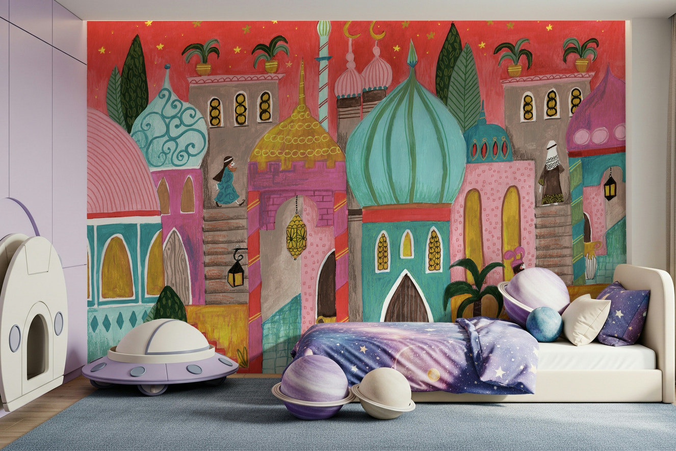 A beautiful Arabian Nights wallpaper mural with subtle, exotic light.