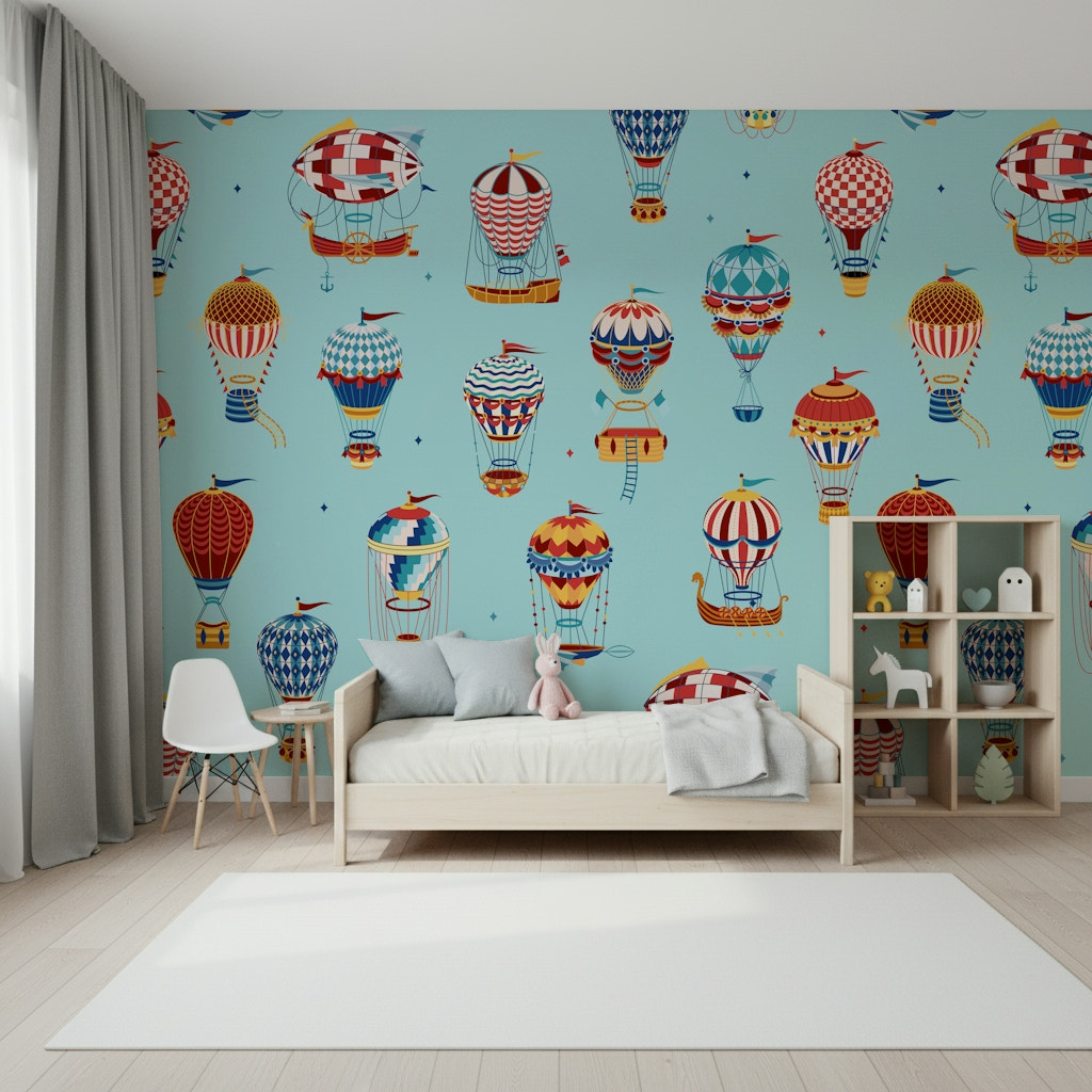 A beautiful whimsical airship wallpaper mural for a playful room.
