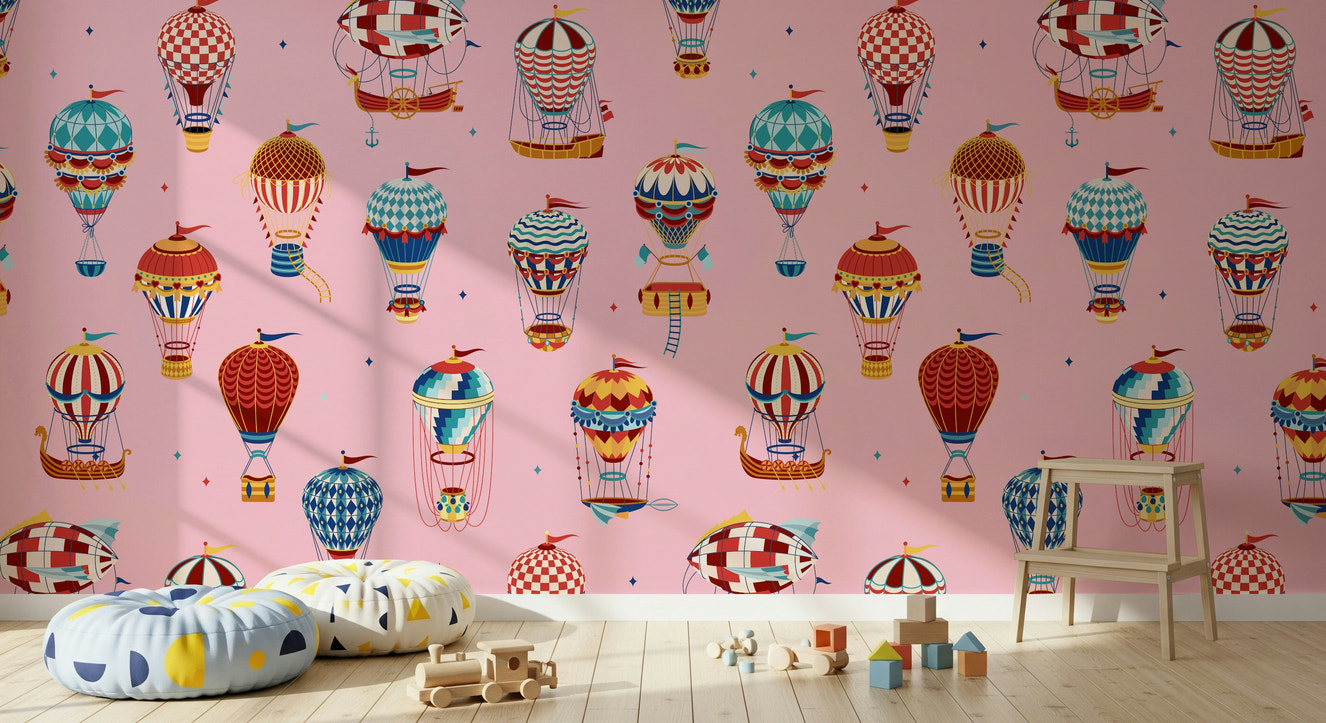 A beautiful vintage hot air balloon wallpaper mural for a nostalgic feel.
