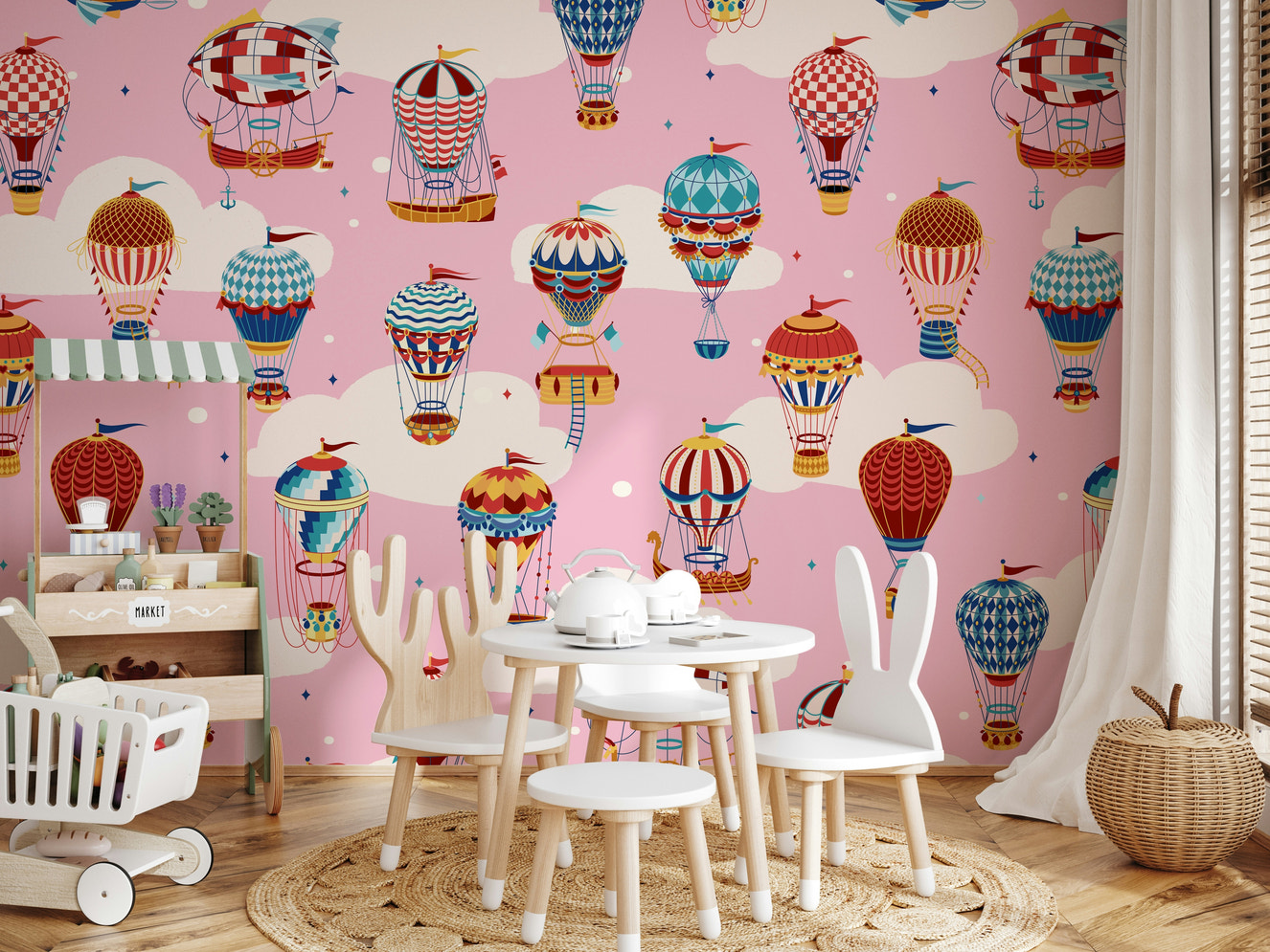 A beautiful cloudbound balloon wallpaper mural for a whimsical room.