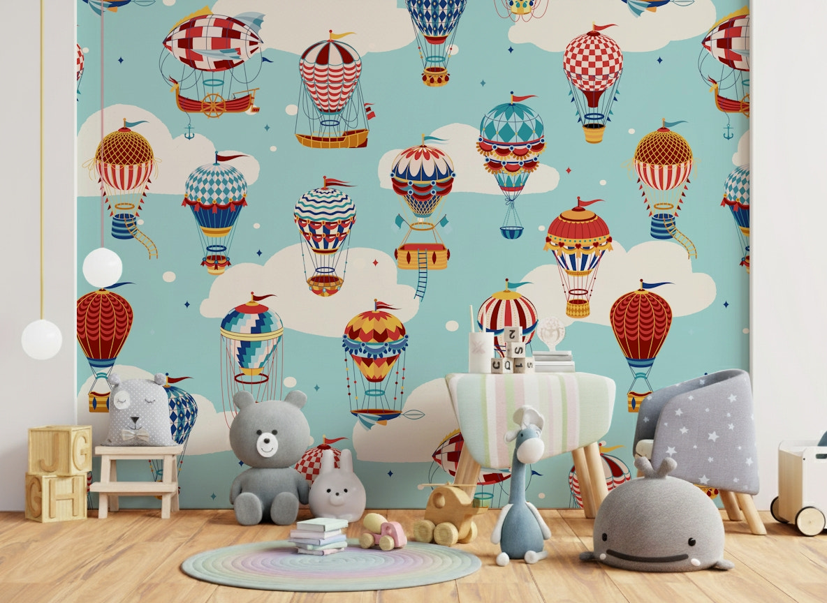 A beautiful whimsical hot air balloon wallpaper mural for a child's room.