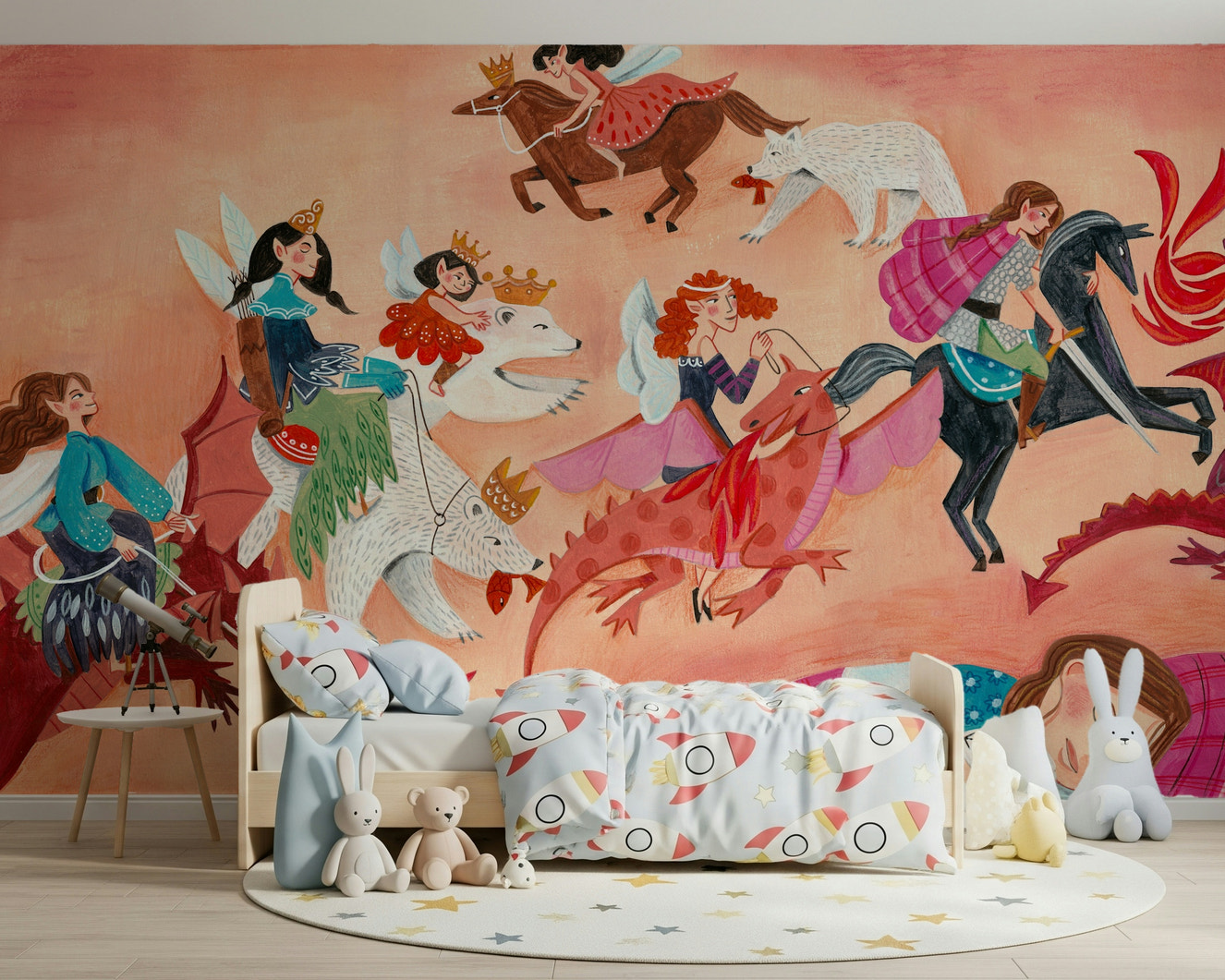 A beautiful whimsical dream rider wallpaper mural with subtle, imaginative elements.