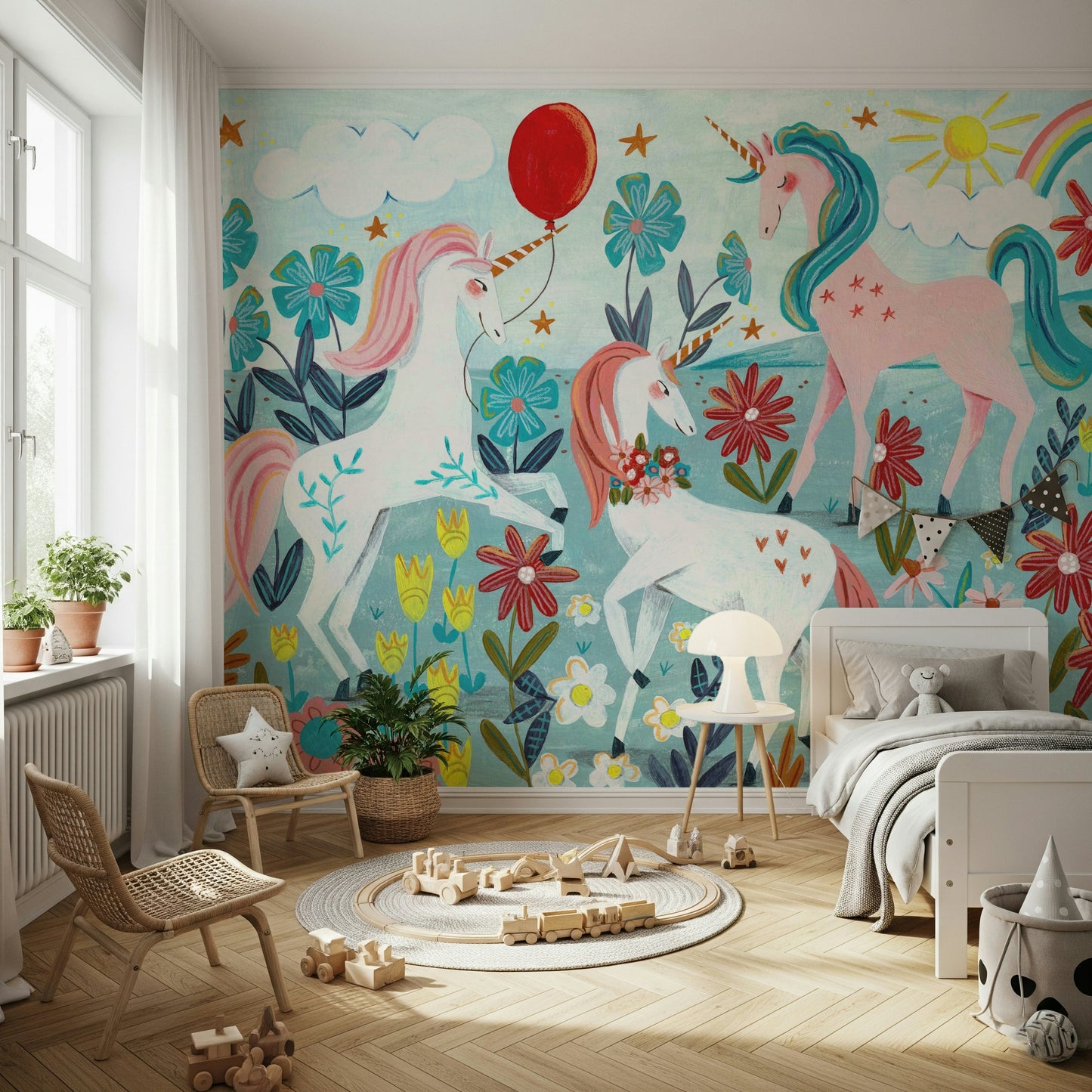 A peaceful mythical creature mural on decorative wallpaper.