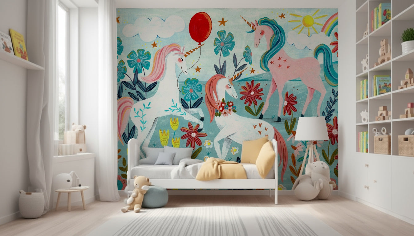 An artistic magical creature mural on minimalist wallpaper.