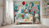 An artistic magical creature mural on minimalist wallpaper.