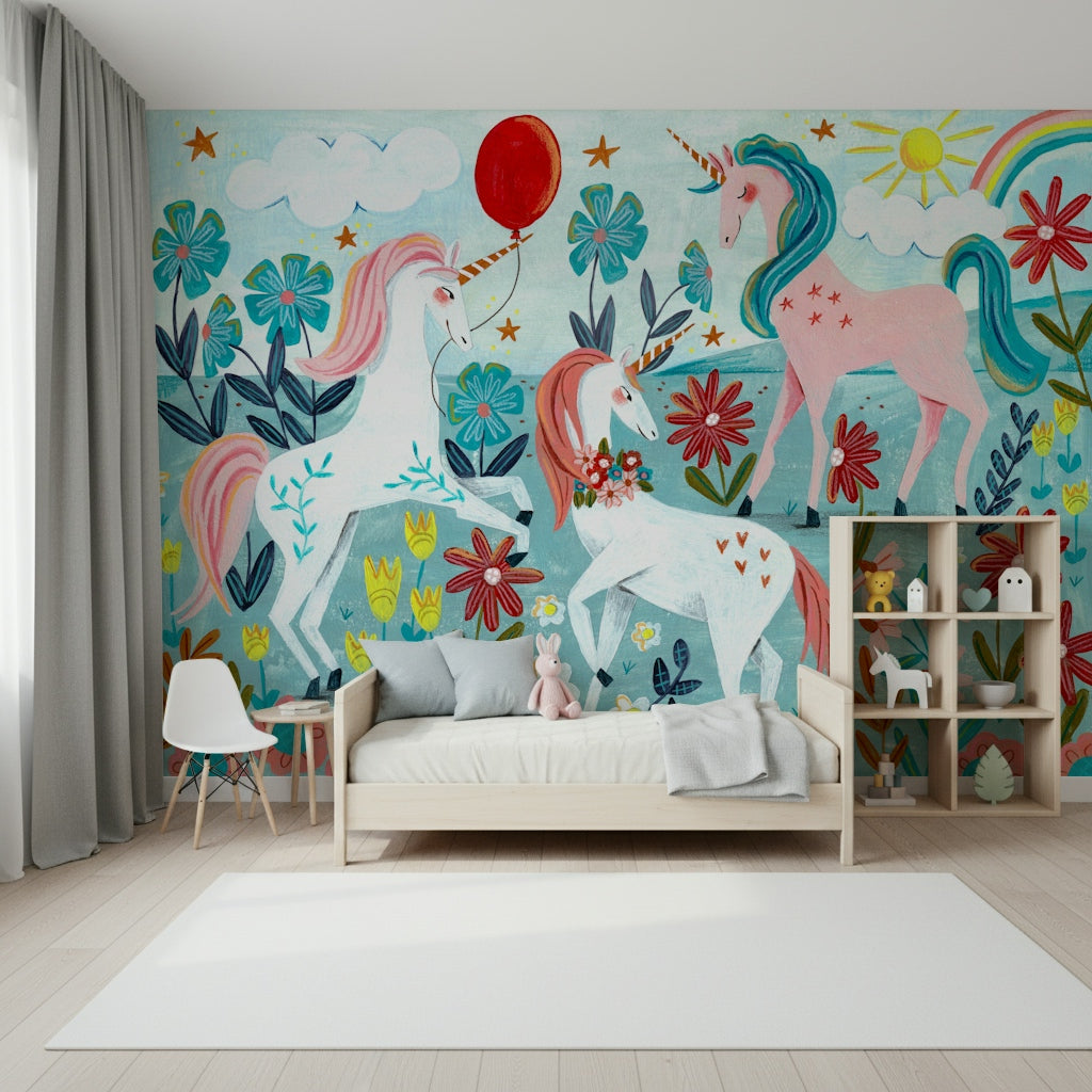 A beautiful whimsical unicorn wallpaper mural with floral accents.