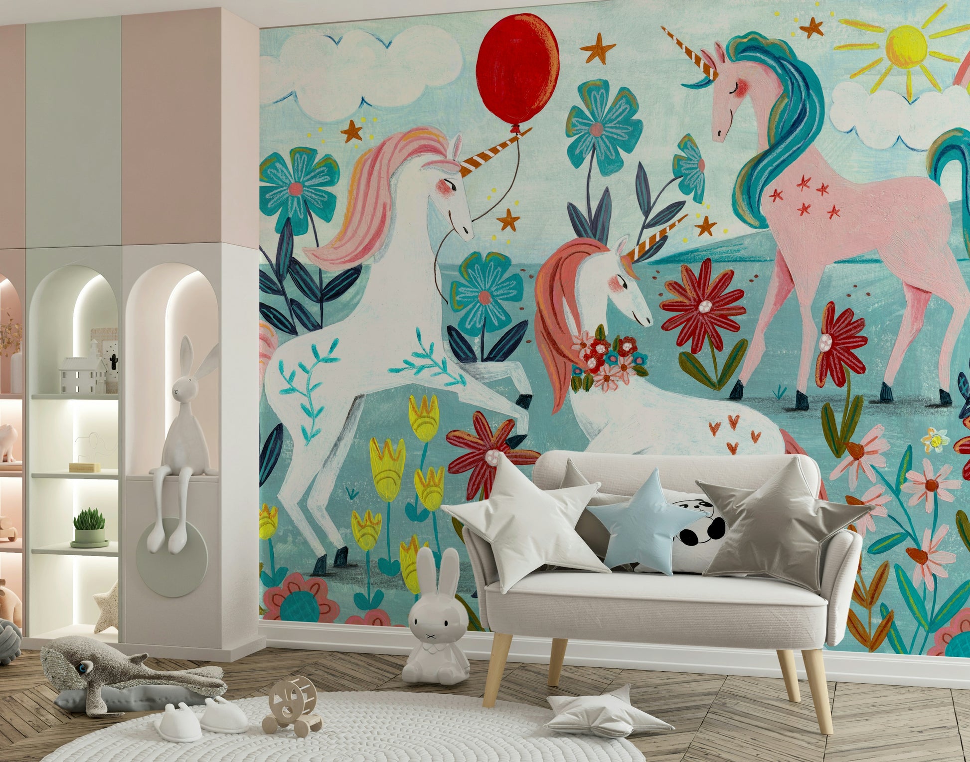 A calming fantasy design wallpaper mural that defines a space.