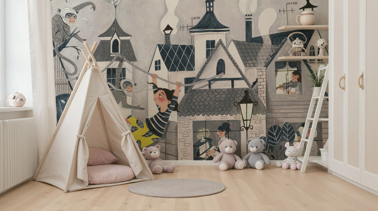 A beautiful whimsical city wallpaper mural with children swinging between buildings.