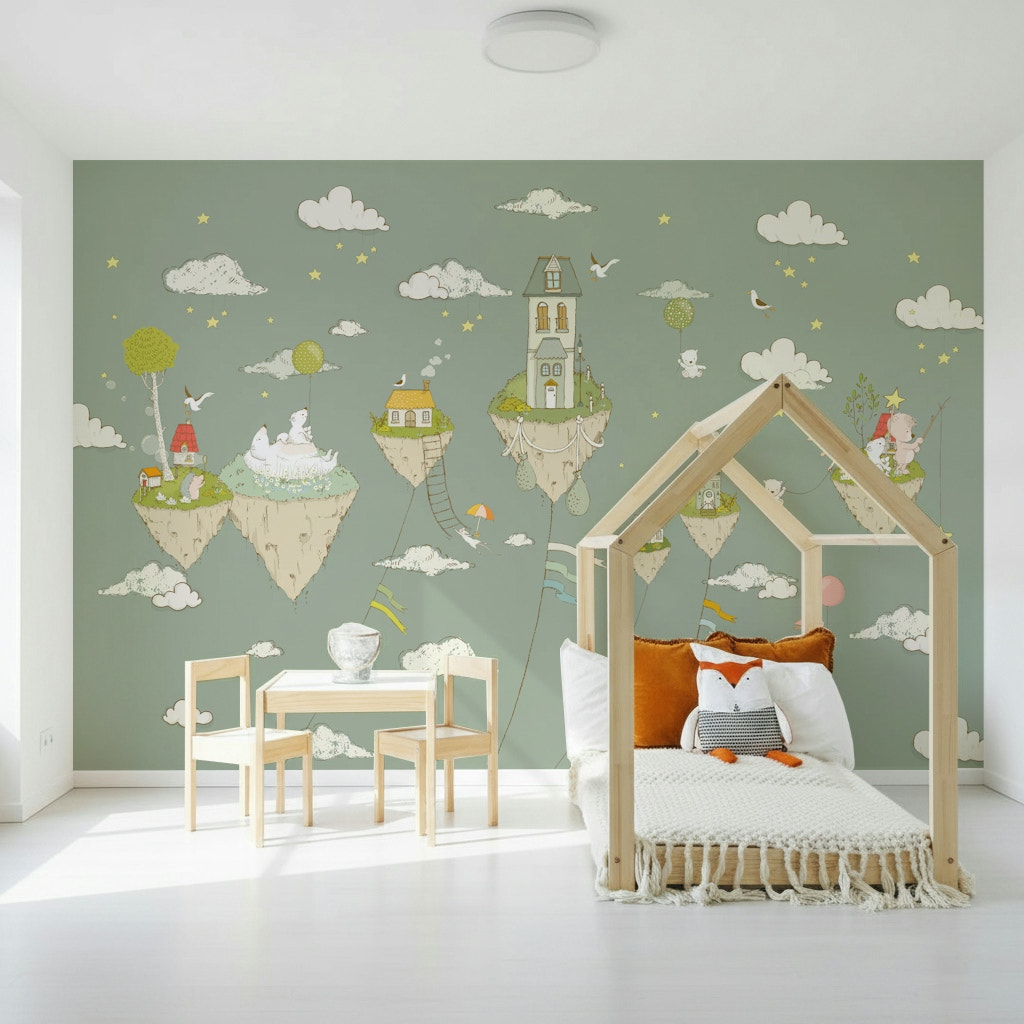 A beautiful whimsical sky wallpaper mural with floating islands and clouds.