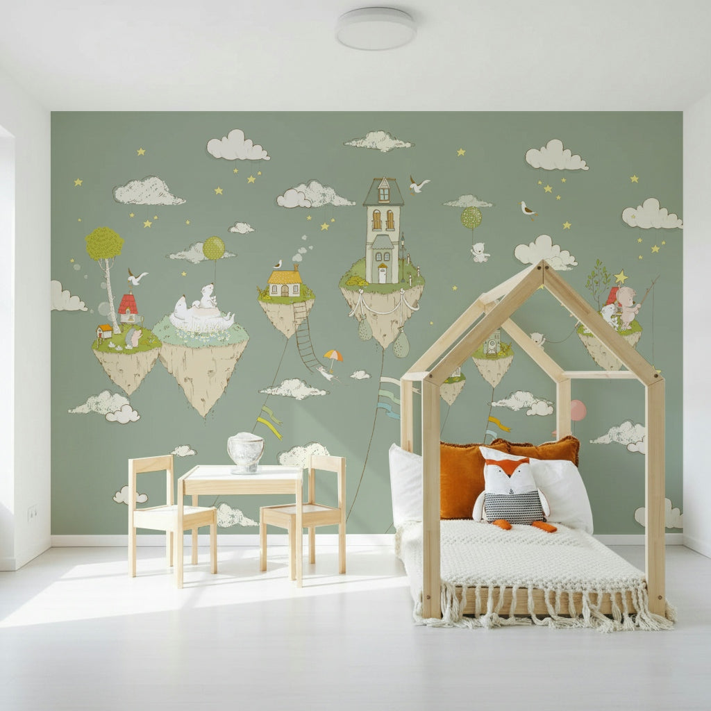 A beautiful whimsical sky wallpaper mural with floating islands and clouds.
