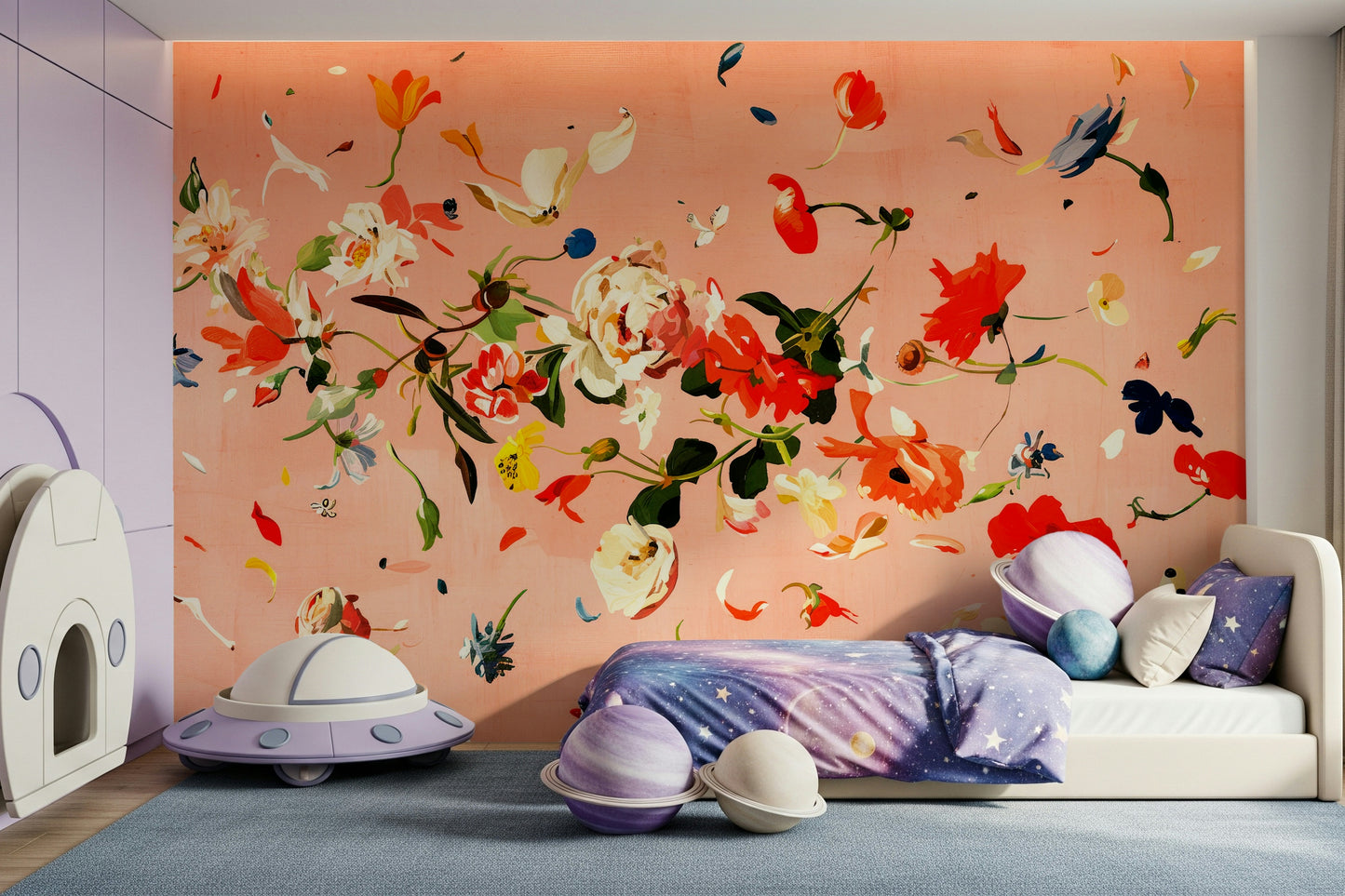 A beautiful subtle floral wallpaper mural with soft, watercolor washes of color.