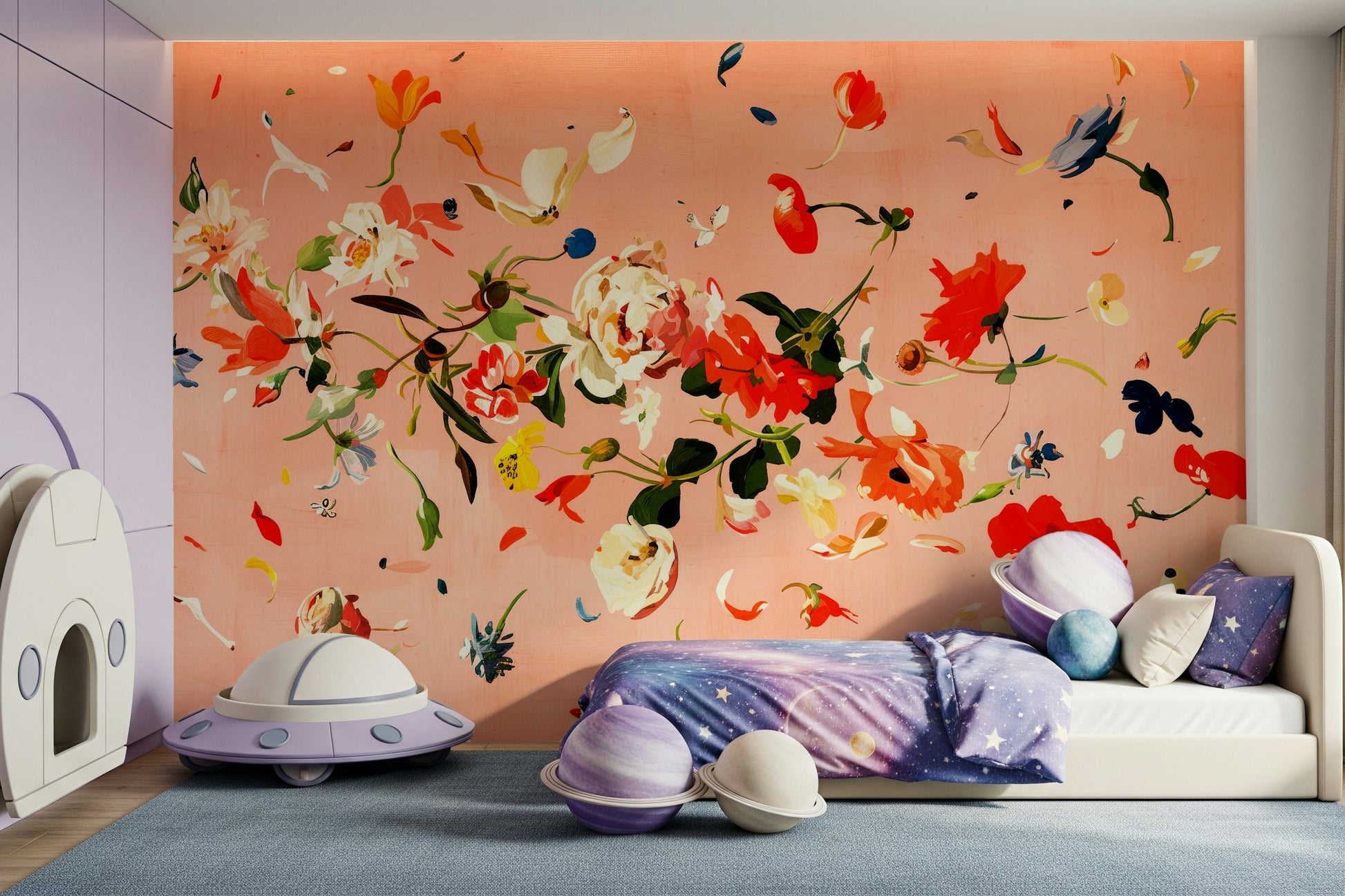 A beautiful subtle floral wallpaper mural with soft, watercolor washes of color.