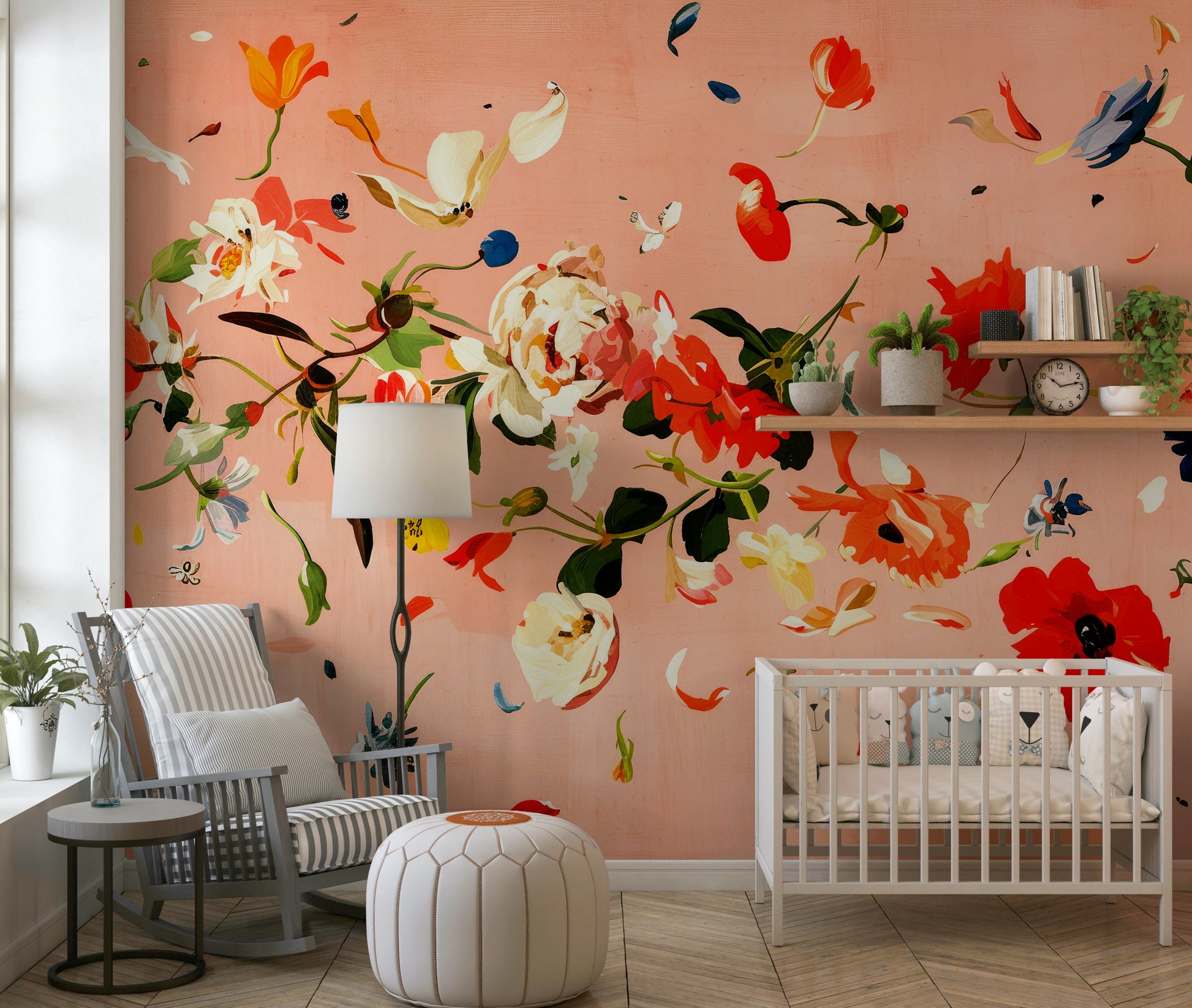 A peaceful flower design mural on decorative wallpaper.
