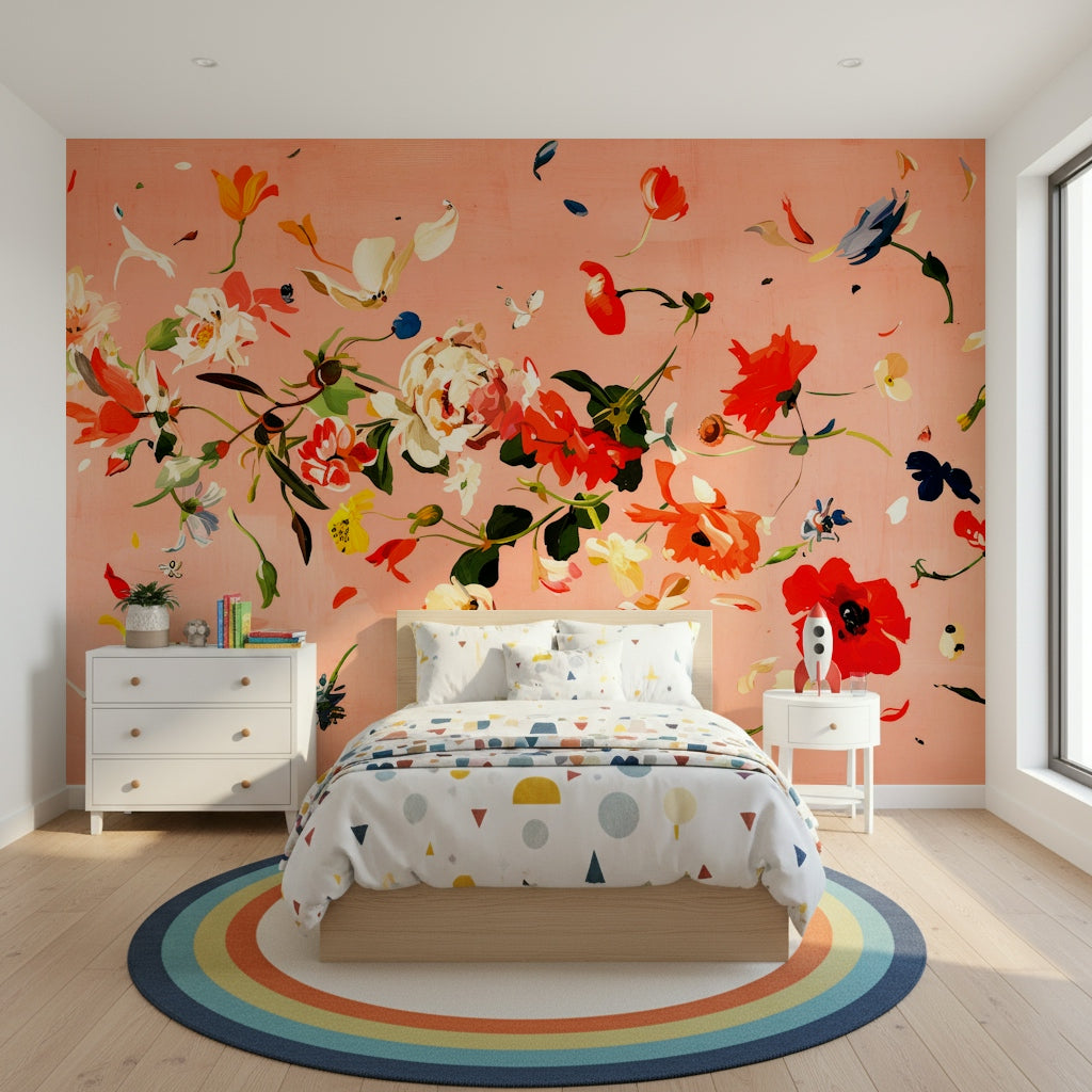 An artistic delicate bloom mural on minimalist wallpaper.