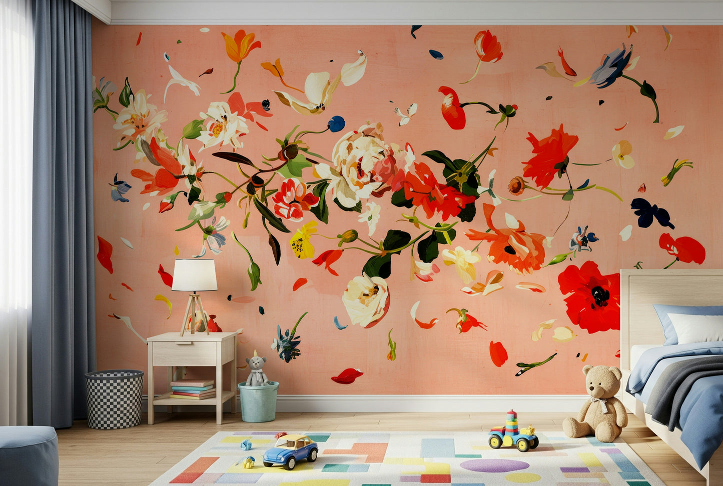 A contemplative floral pattern wallpaper mural for a feature wall.