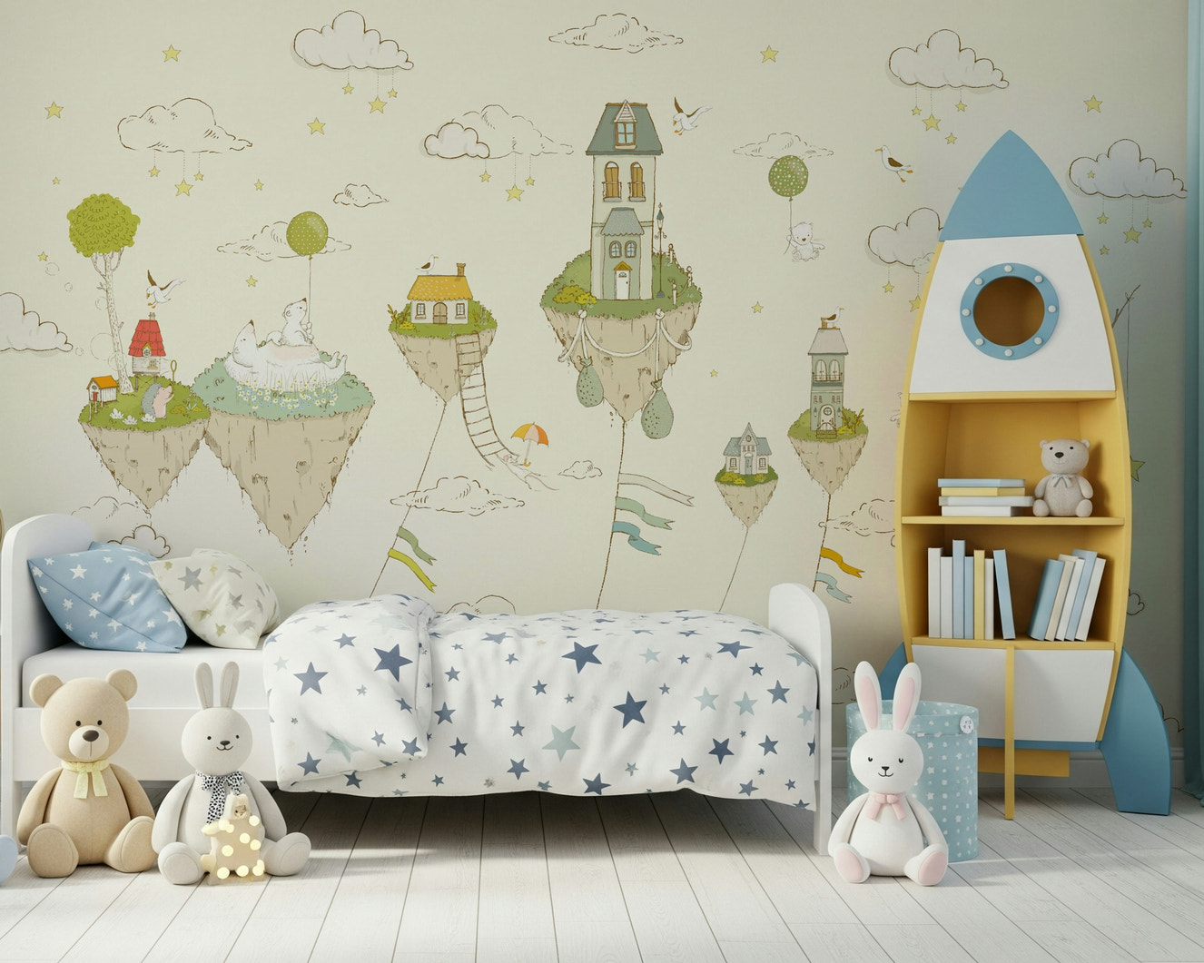 A beautiful whimsical floating homes wallpaper mural for a child's room.