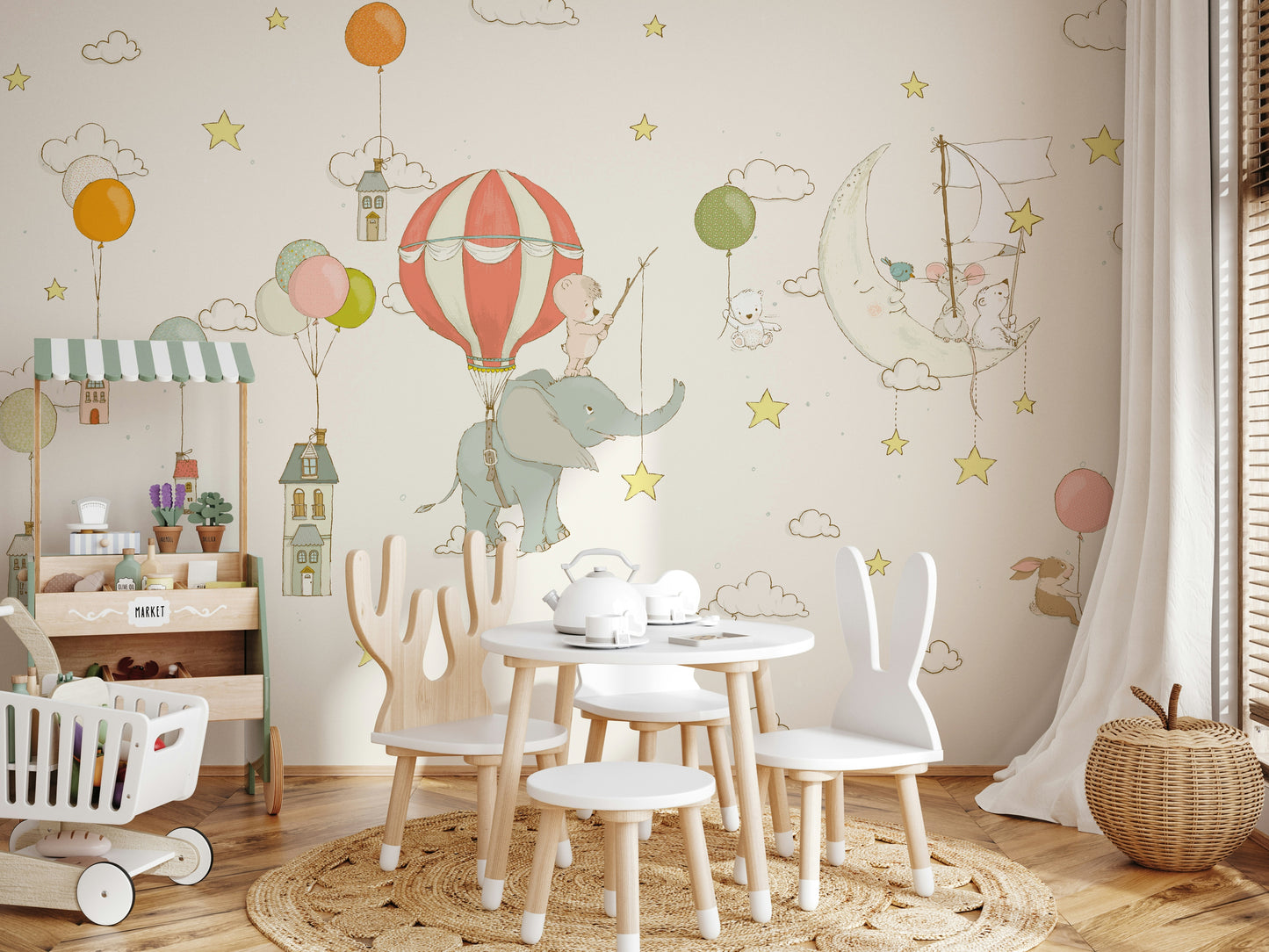 A beautiful whimsical hot air balloon wallpaper mural flying at night under a moonlit sky.