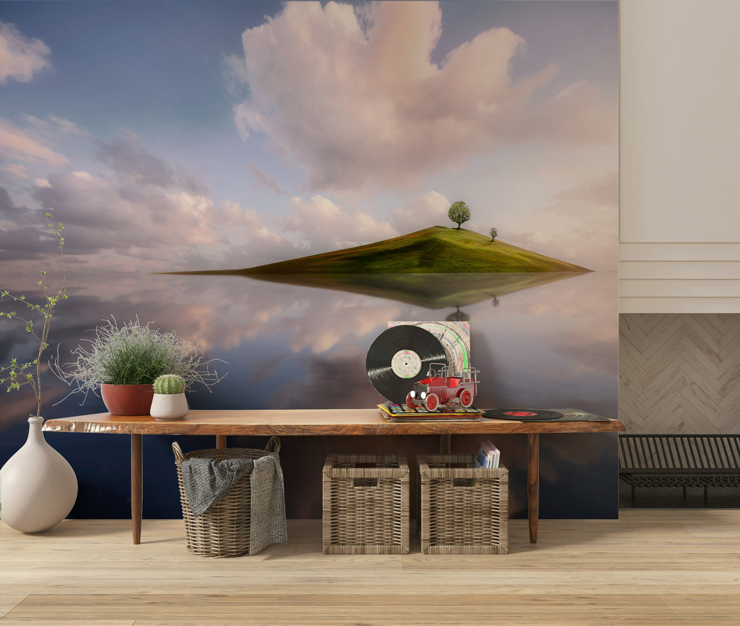 A peaceful open ocean mural on decorative wallpaper.