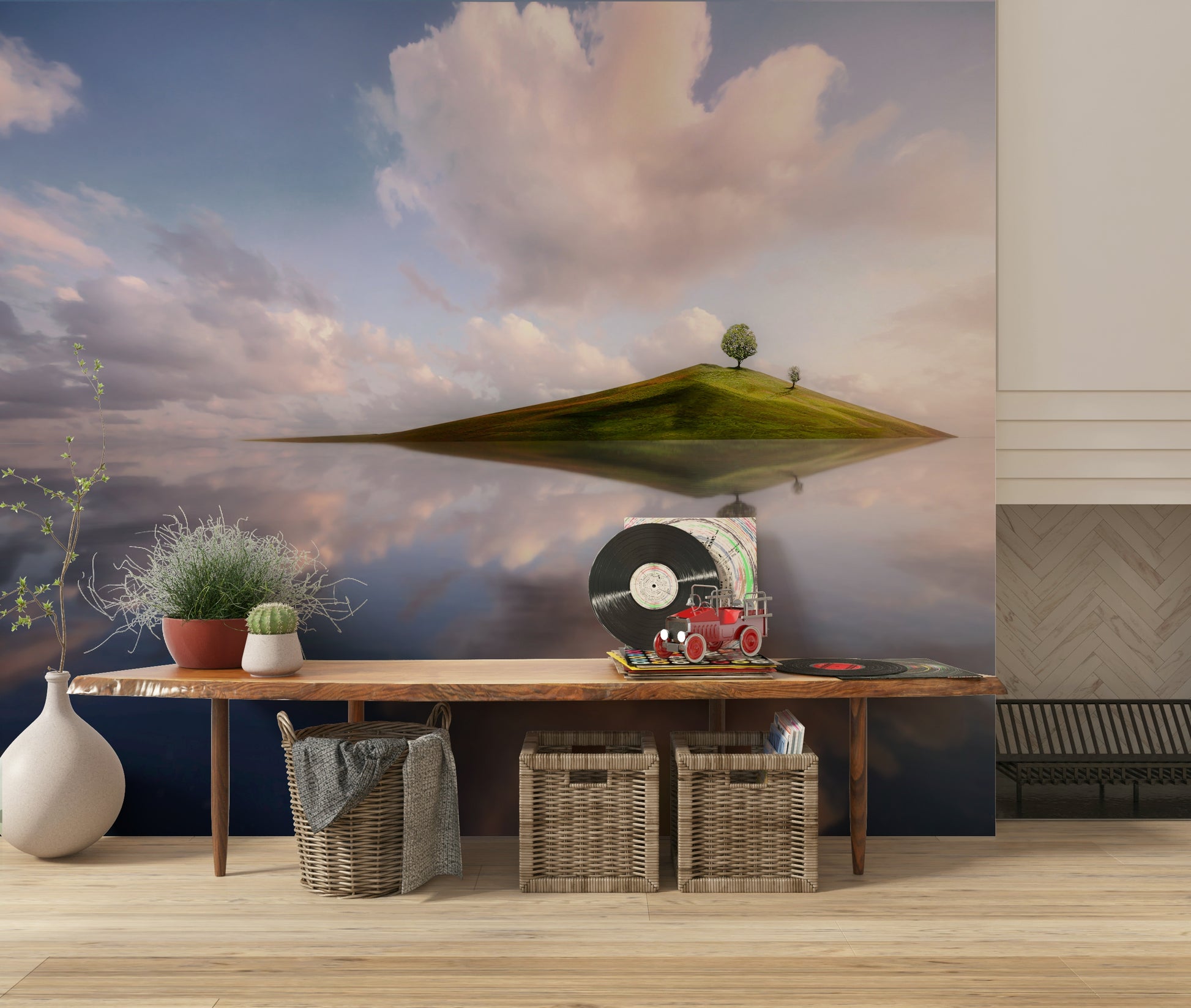 A peaceful open ocean mural on decorative wallpaper.