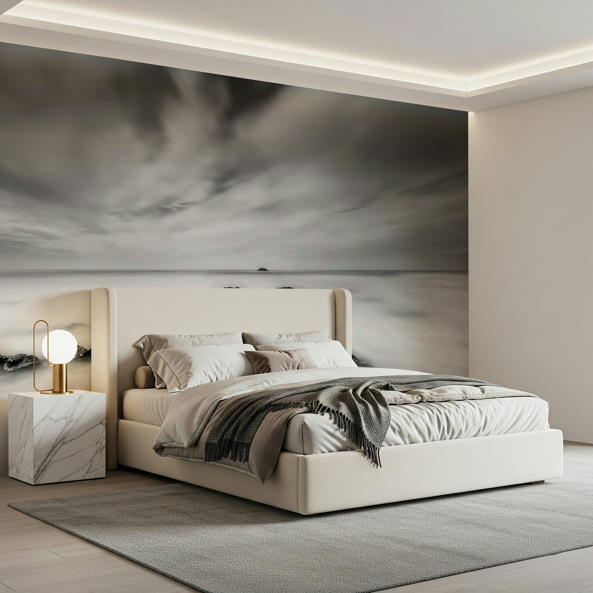 A peaceful modern abstract mural on decorative wallpaper.
