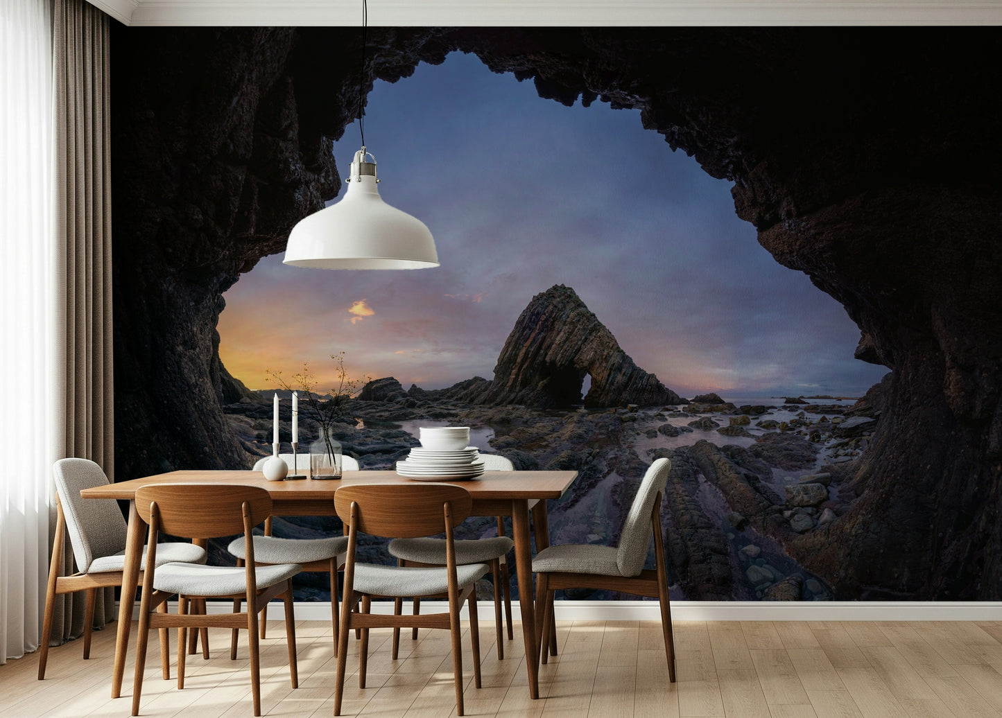 A beautiful coastal portal wallpaper mural at twilight with calm waves.