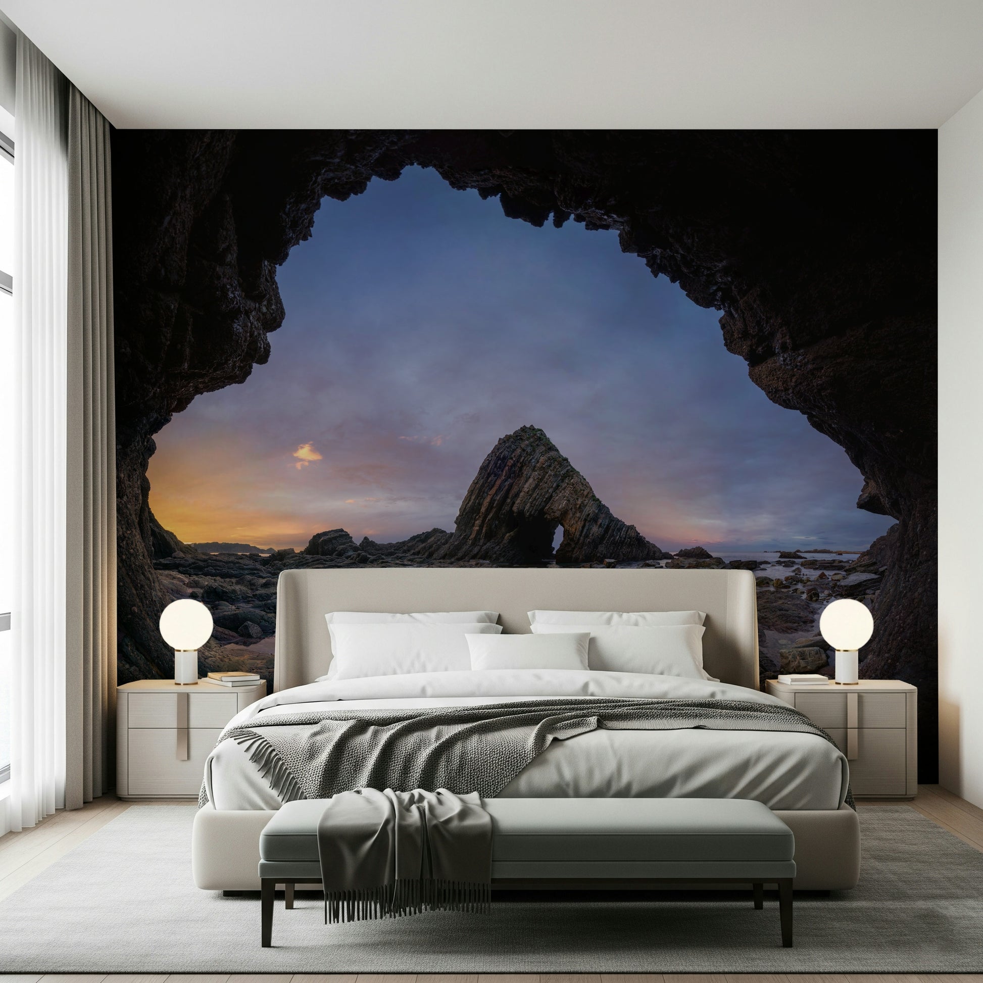 A peaceful modern abstract mural on decorative wallpaper.